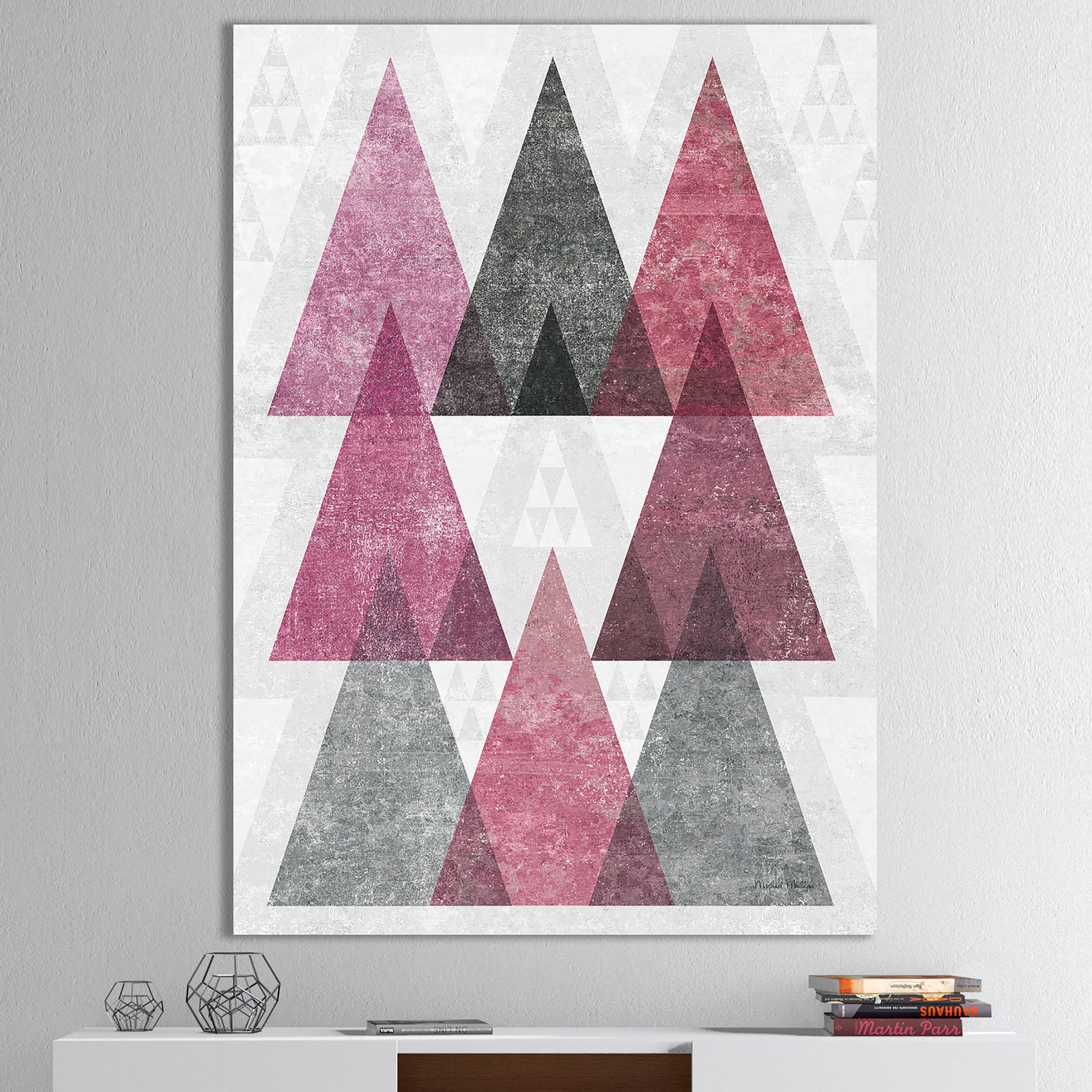 Pink Geometric Mod Triangles I - Mid-Century Transitional Modern Canvas Art