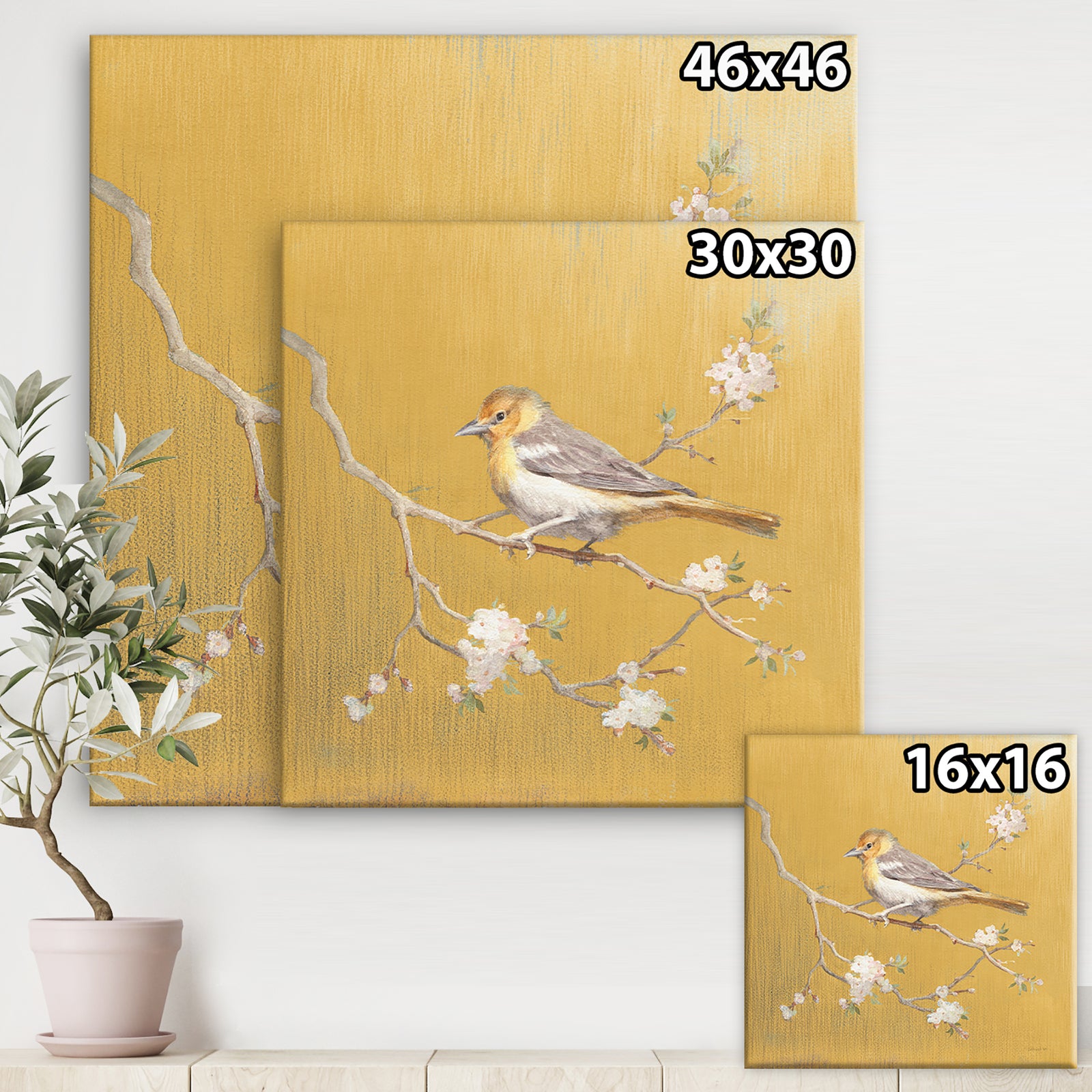 Gold Bird on Blossoms I - Farmhouse Gallery-wrapped Canvas