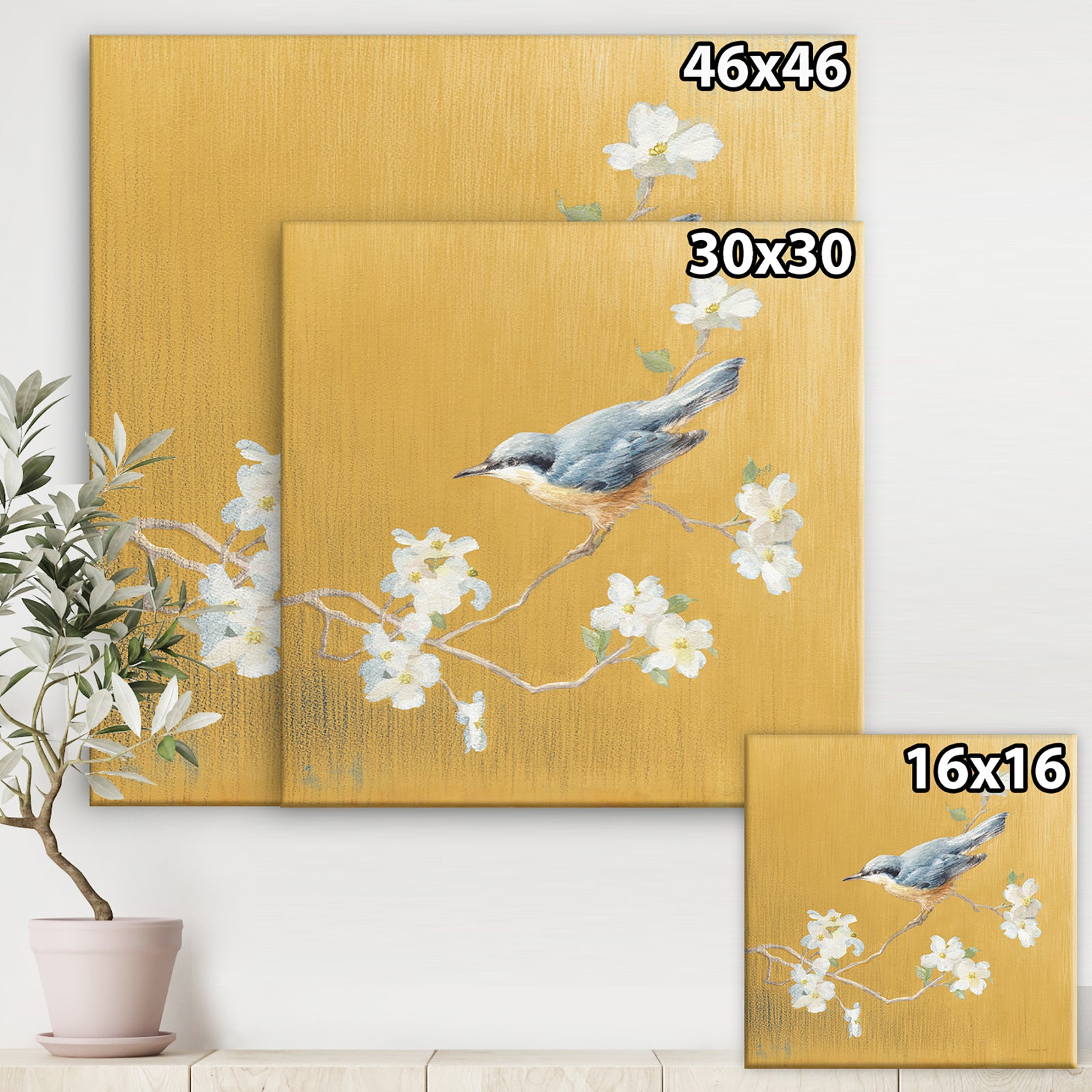 Gold Bird on Blossoms II - Farmhouse Canvas Artwork