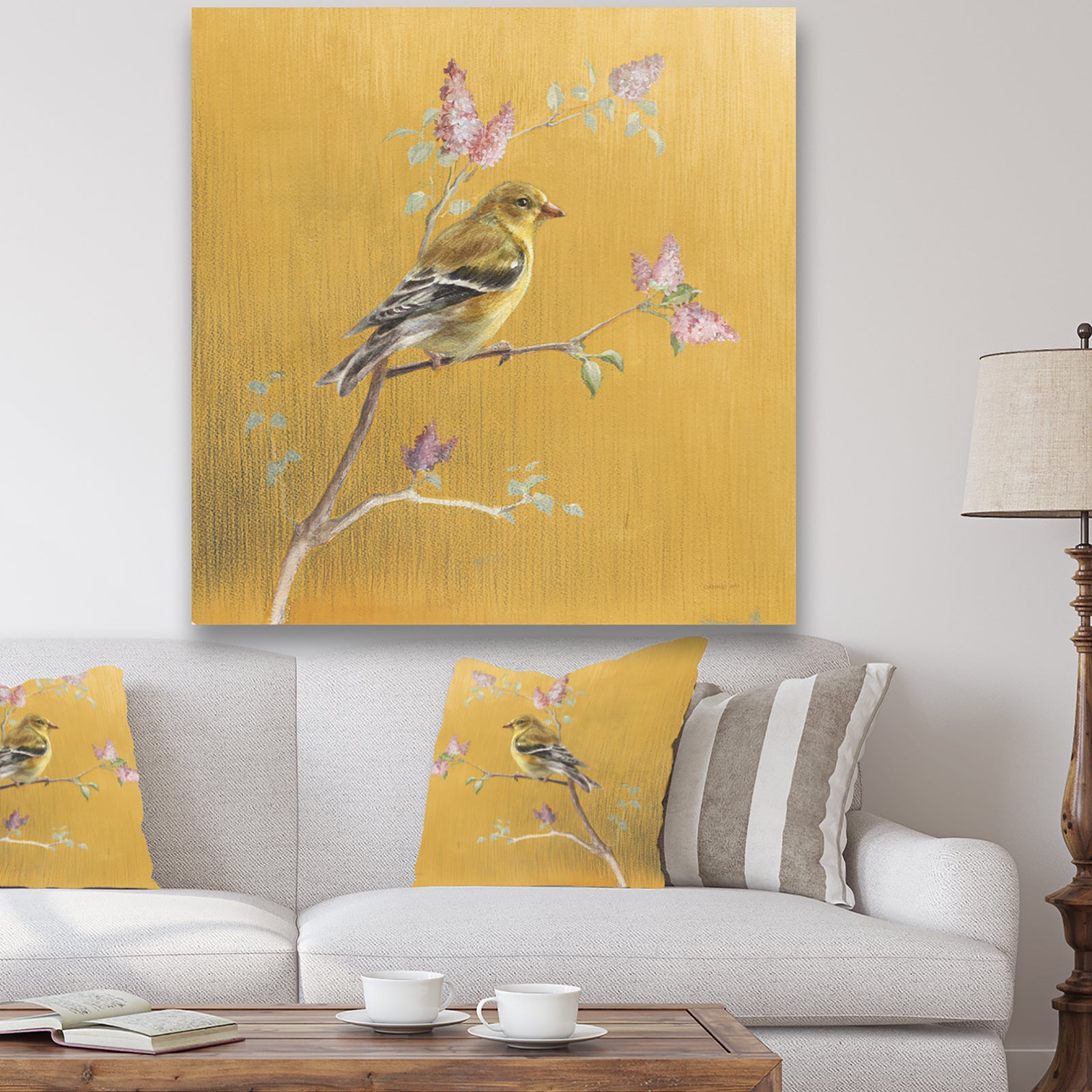 Gold Bird on Blossoms III - Farmhouse Canvas Art