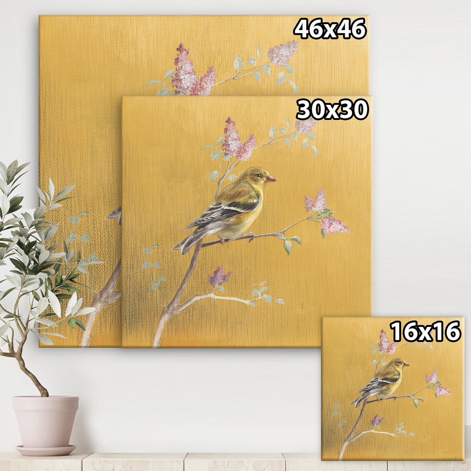 Gold Bird on Blossoms III - Farmhouse Canvas Art