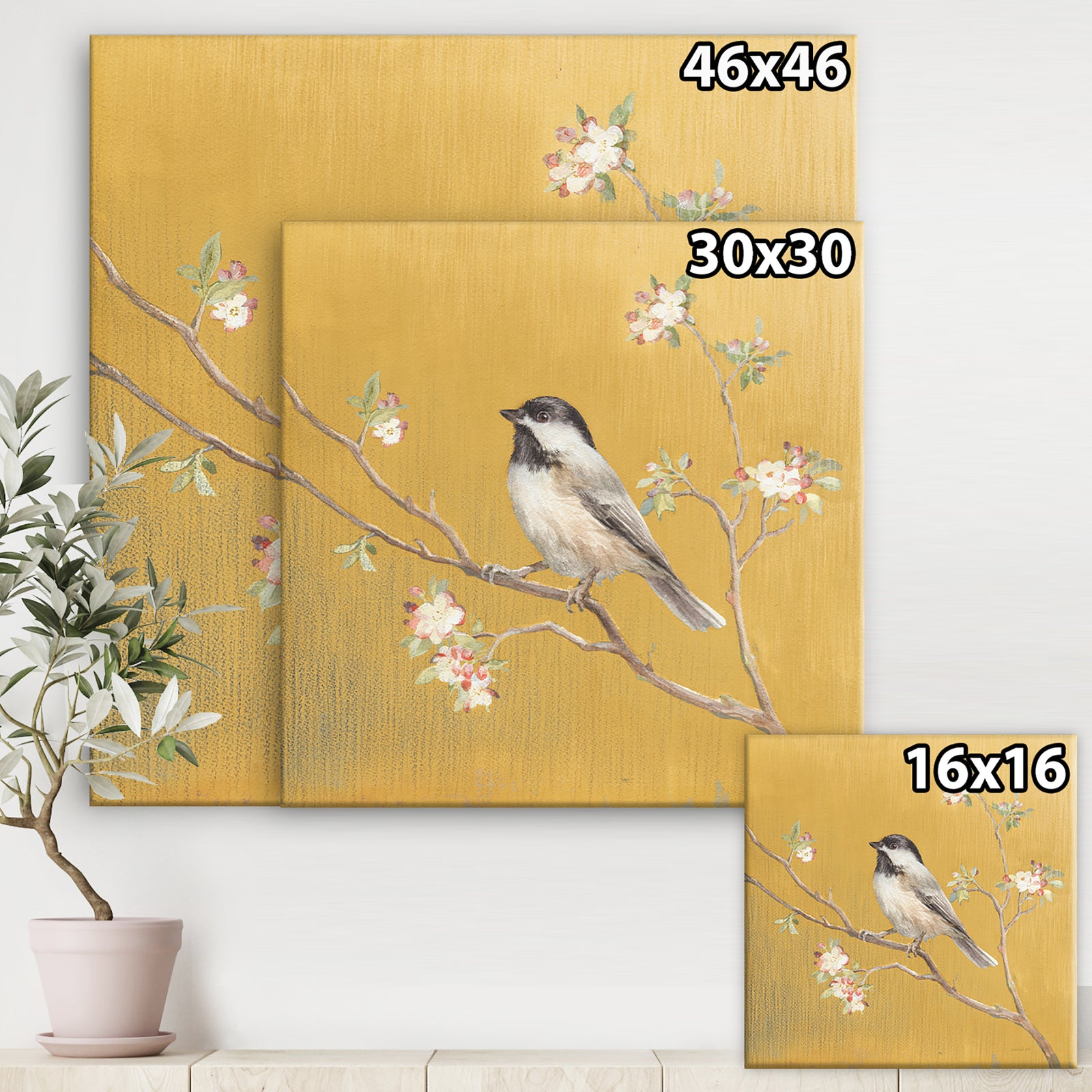 Gold Bird on Blossoms IV - Farmhouse Premium Canvas Wall Art
