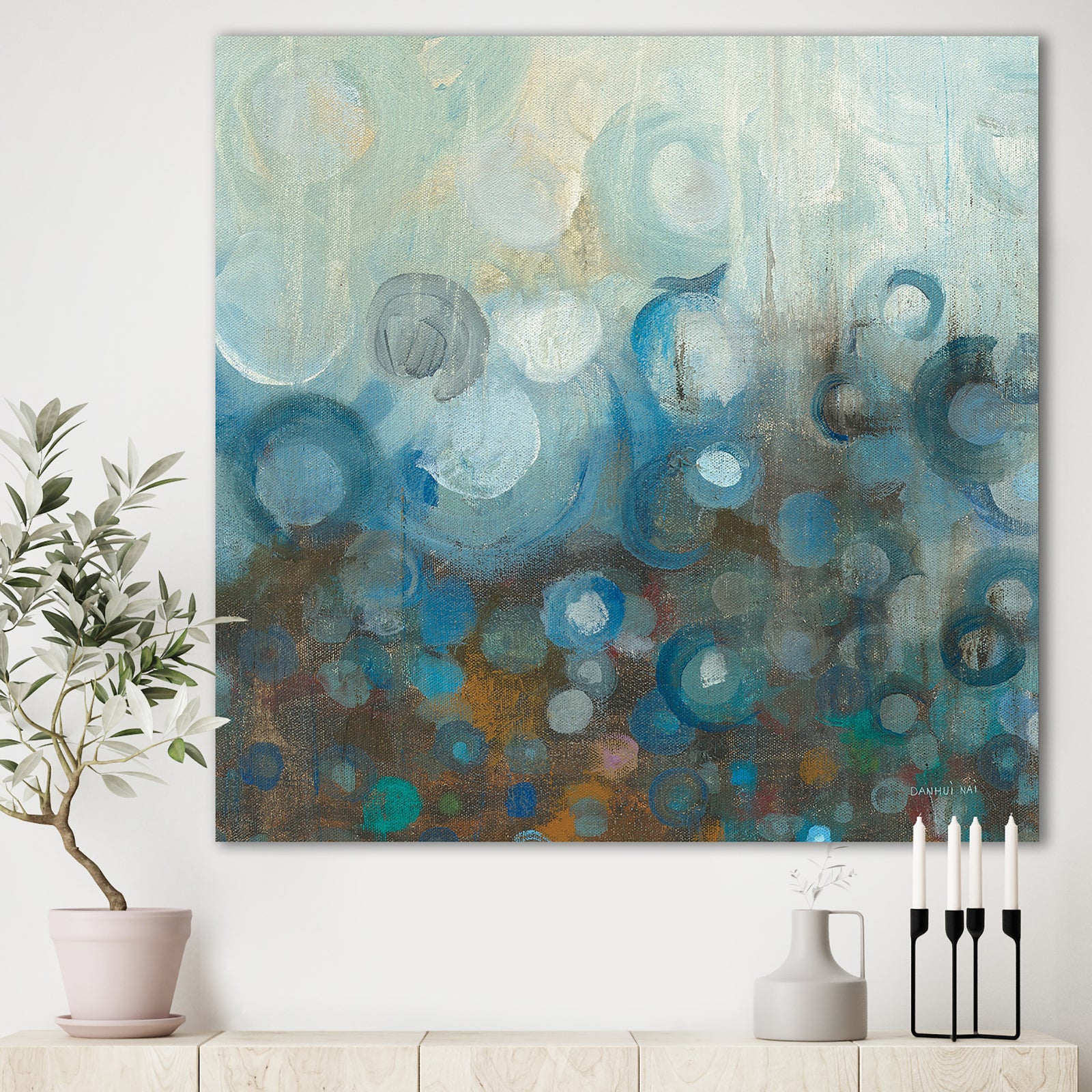Blue and Bronze Dots on Glass I - Modern & Contemporary Canvas Artwork