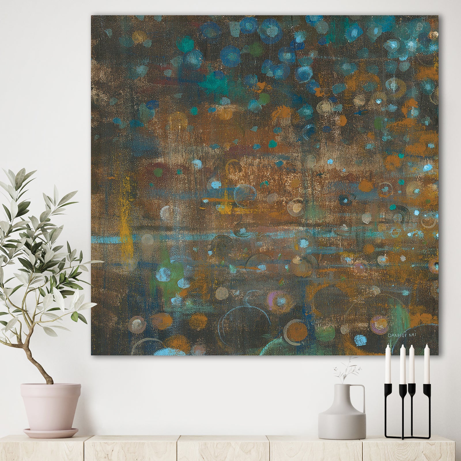 Blue and Bronze Dots on Glass III - Cabin & Lodge Premium Canvas Wall Art