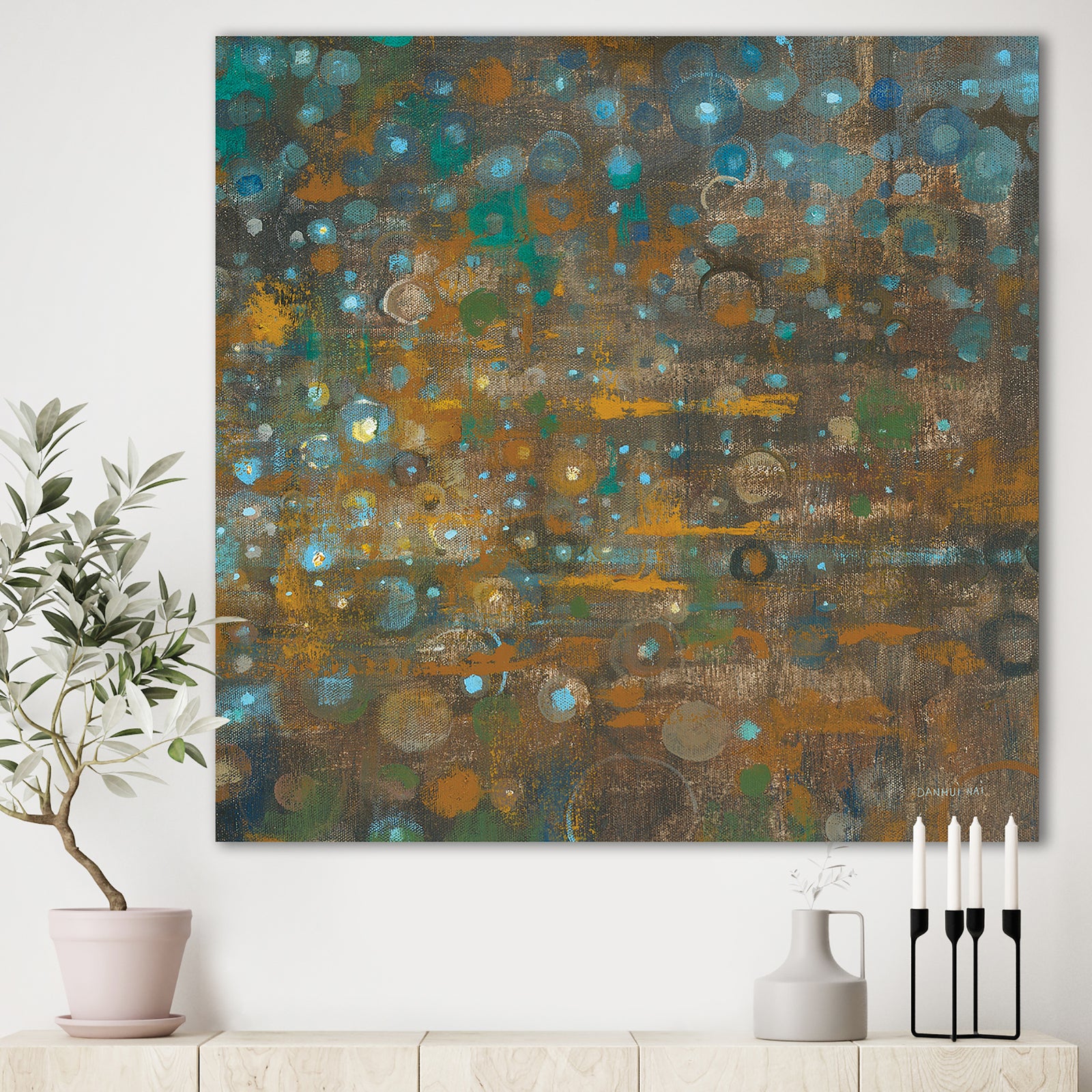Blue and Bronze Dots on Glass IV - Cabin & Lodge Gallery-wrapped Canvas