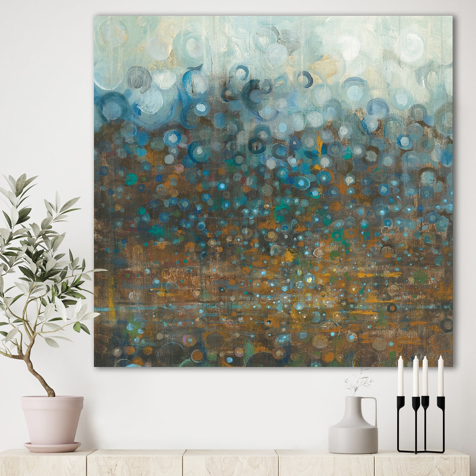 Blue and Bronze Dots - Modern & Contemporary Canvas Art