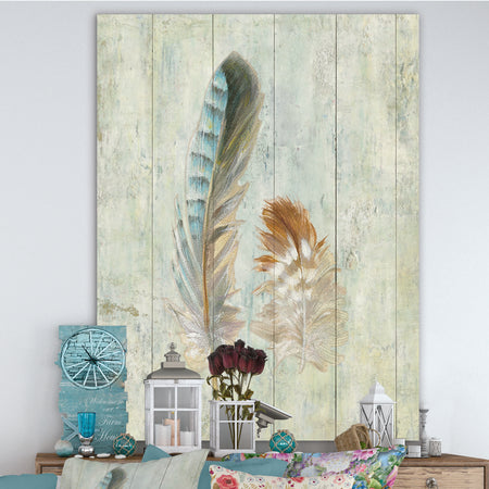 Natural Feathers on Wood I - Farmhouse Canvas Artwork