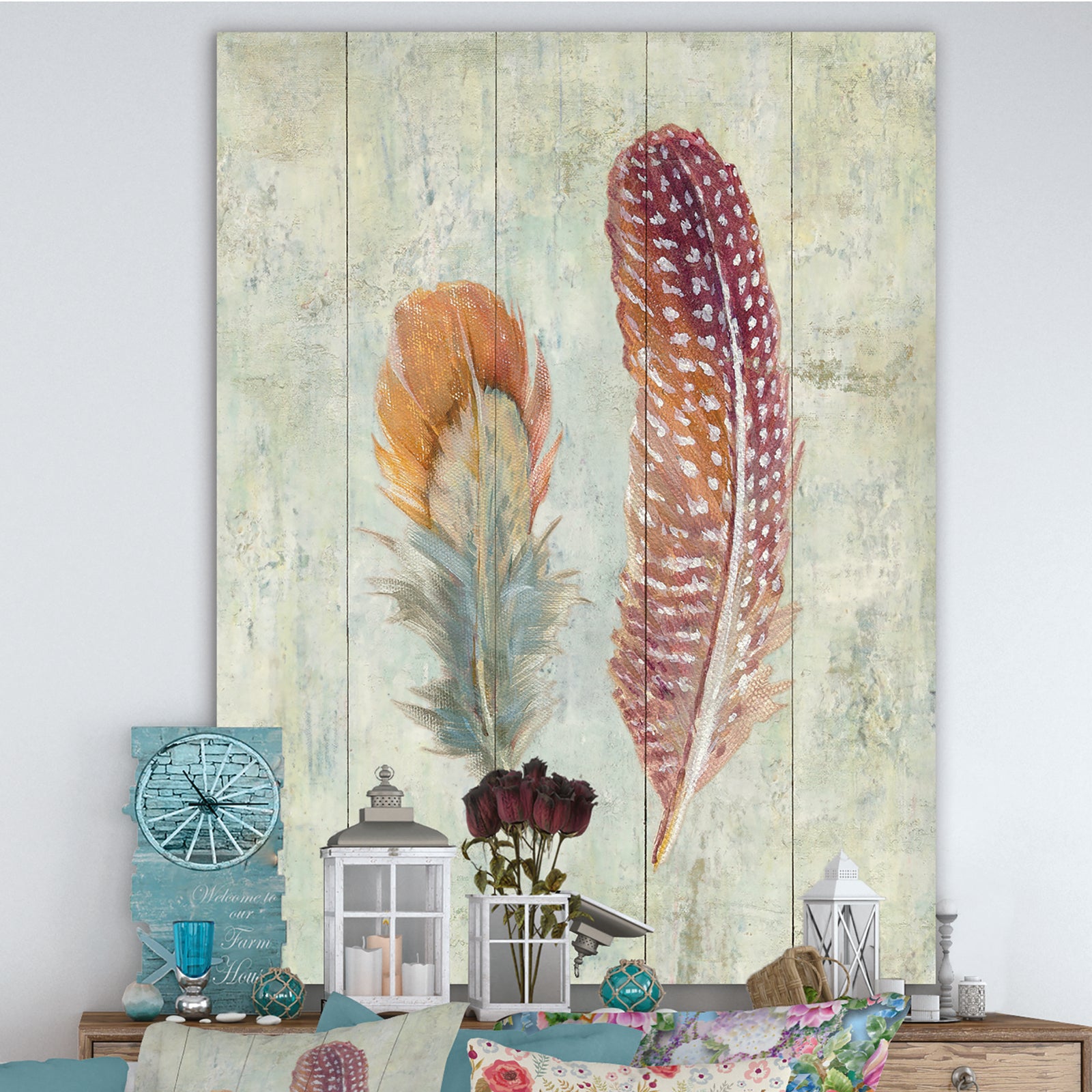 Natural Feathers on Wood II - Farmhouse Canvas Art