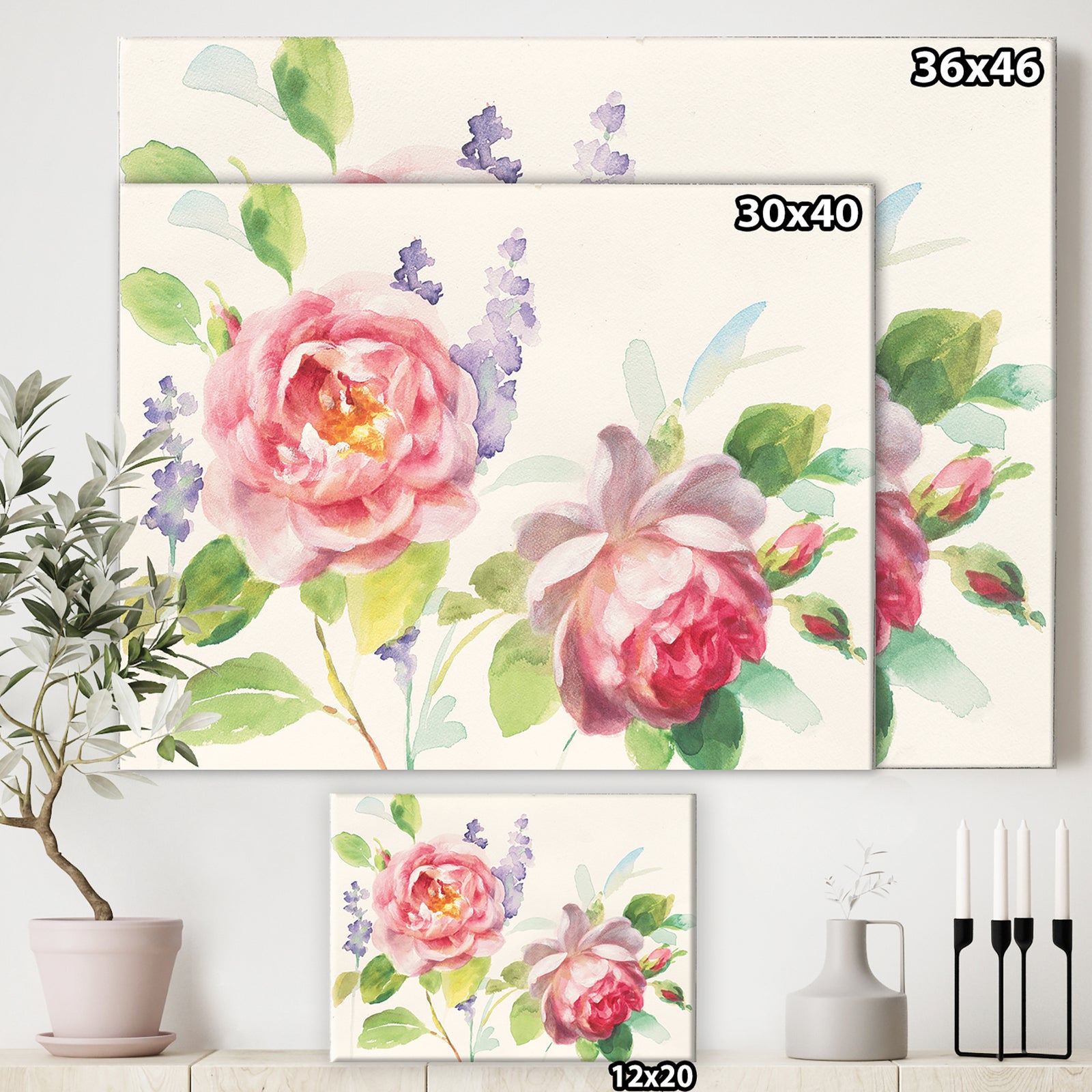 Watercolor Roses Bouqet - Shabby Chic Canvas Artwork