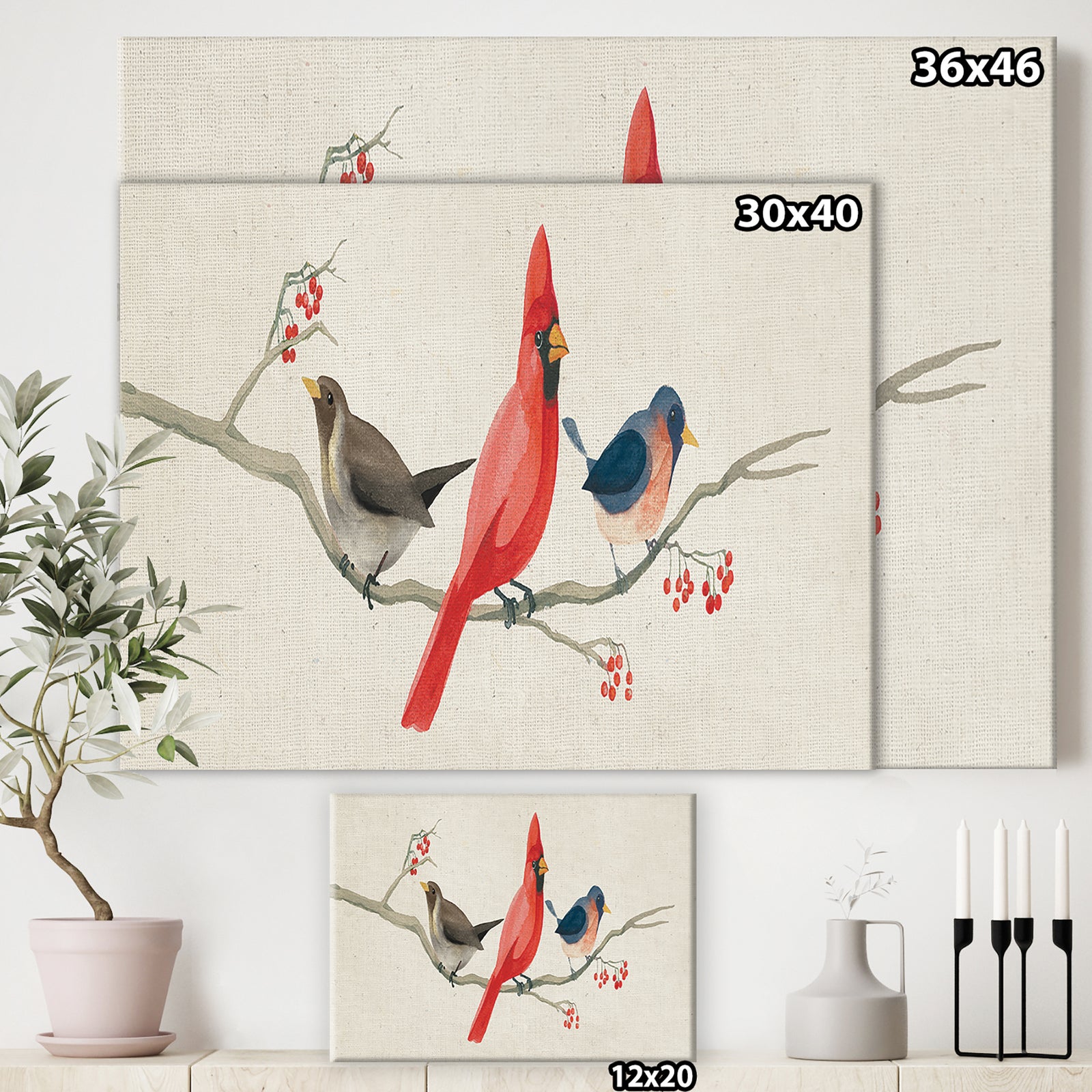 Red Farmhouse Bird on Branch Painting - Modern Farmhouse Canvas Art