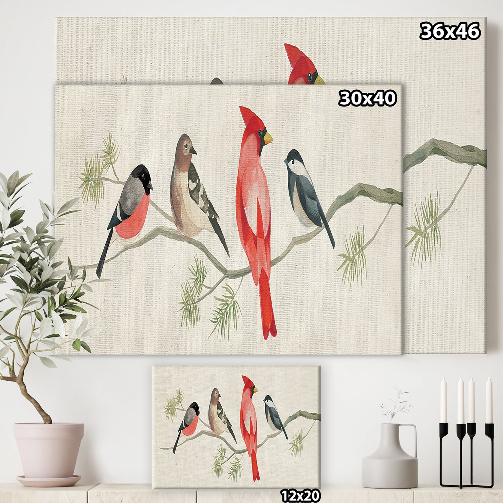 Chickadee And Red Farmhouse Bird on Branch - Modern Farmhouse Premium Canvas Wall Art