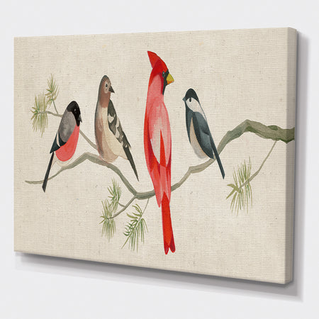 Chickadee And Red Farmhouse Bird on Branch - Modern Farmhouse Premium Canvas Wall Art