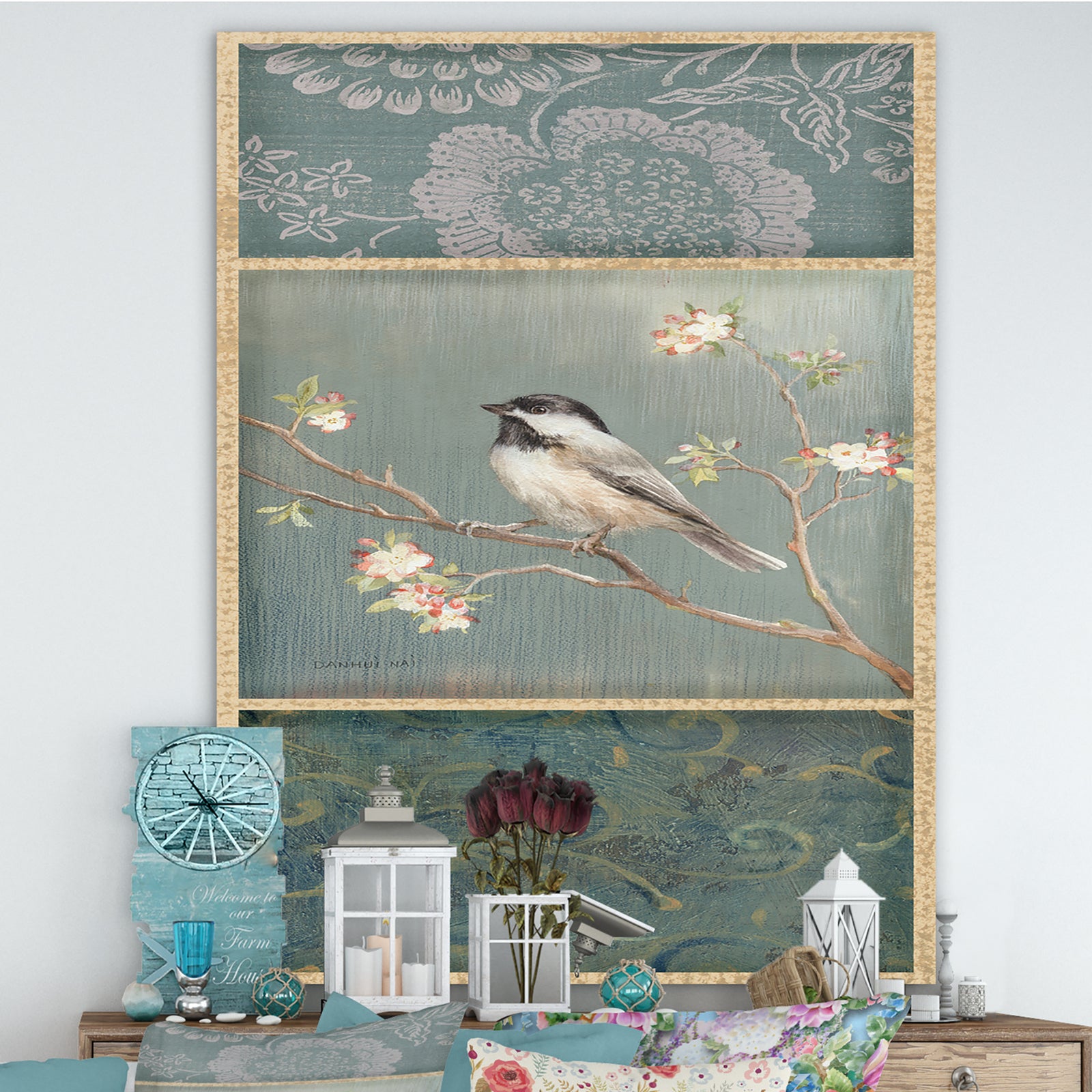 Farmhouse Triptych of Blue Ornaments And Chickadee - Farmhouse Gallery-wrapped Canvas