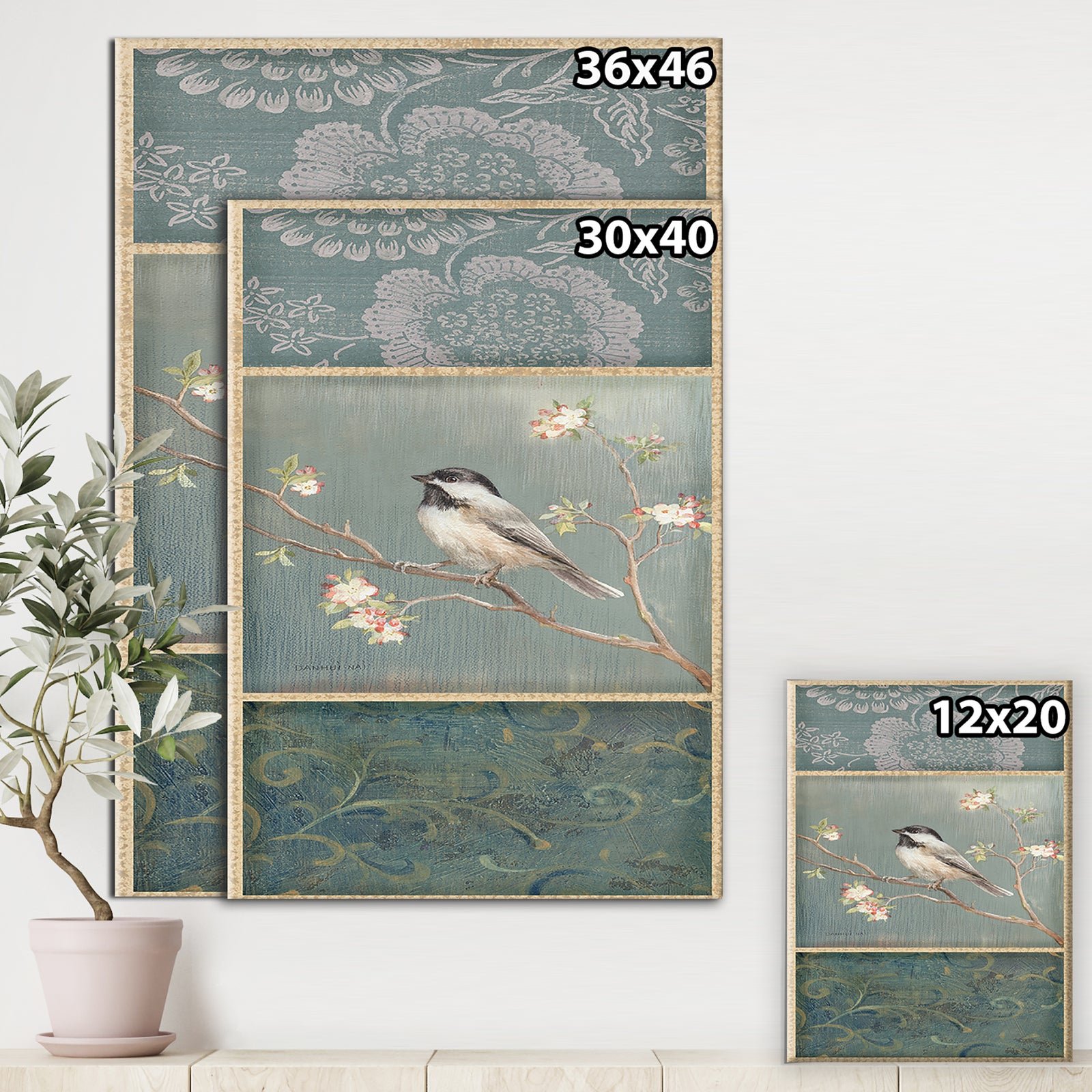 Farmhouse Triptych of Blue Ornaments And Chickadee - Farmhouse Gallery-wrapped Canvas