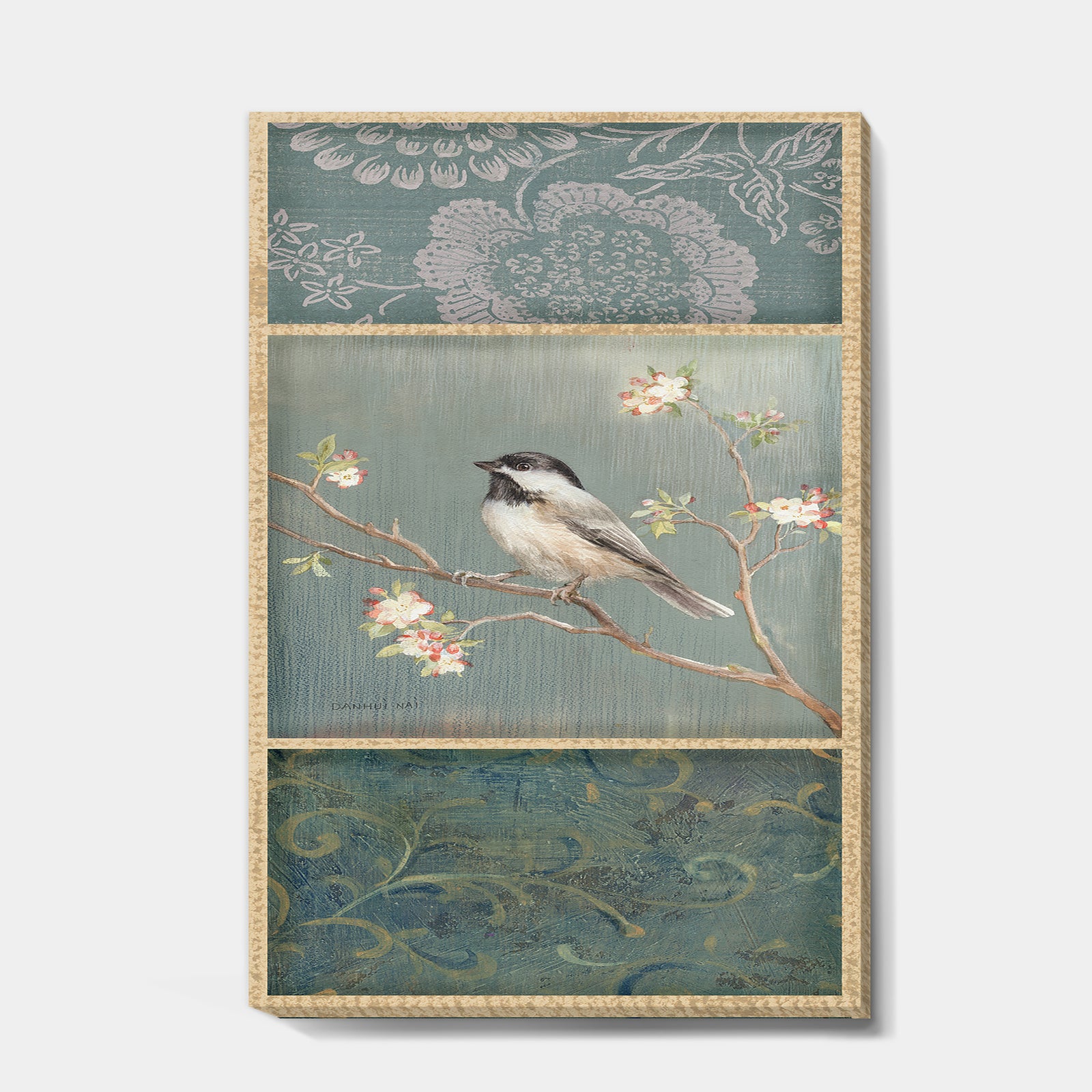 Farmhouse Triptych of Blue Ornaments And Chickadee - Farmhouse Gallery-wrapped Canvas