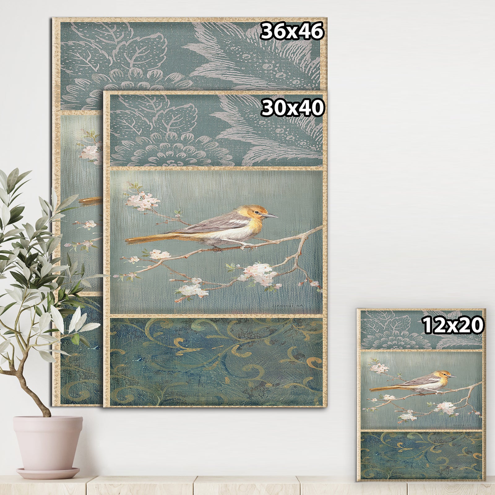 Farmhouse Triptych of Blue Ornaments And Oriole - Farmhouse Canvas Artwork
