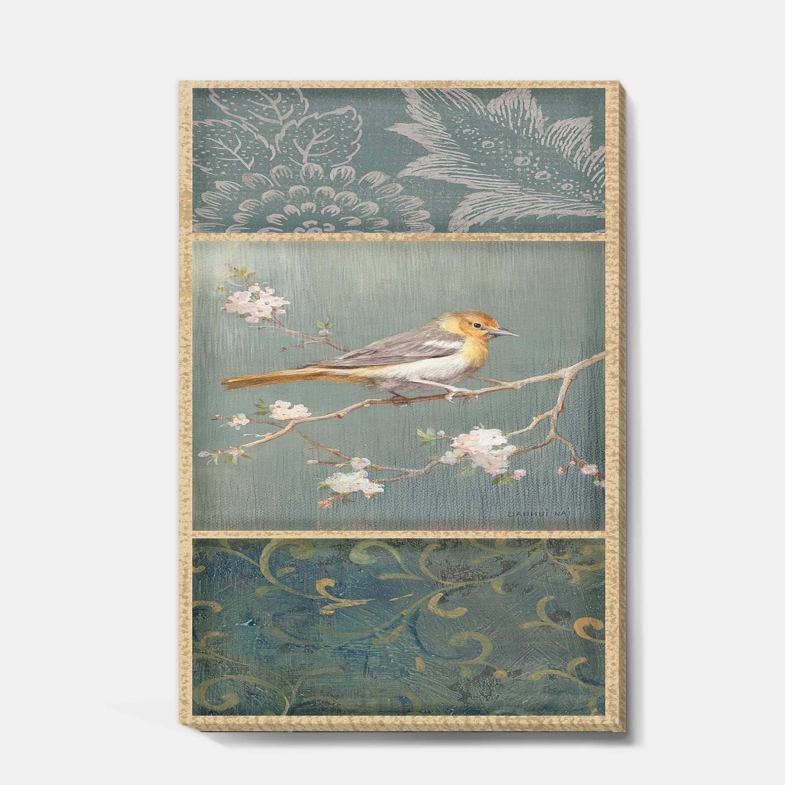 Farmhouse Triptych of Blue Ornaments And Oriole - Farmhouse Canvas Artwork