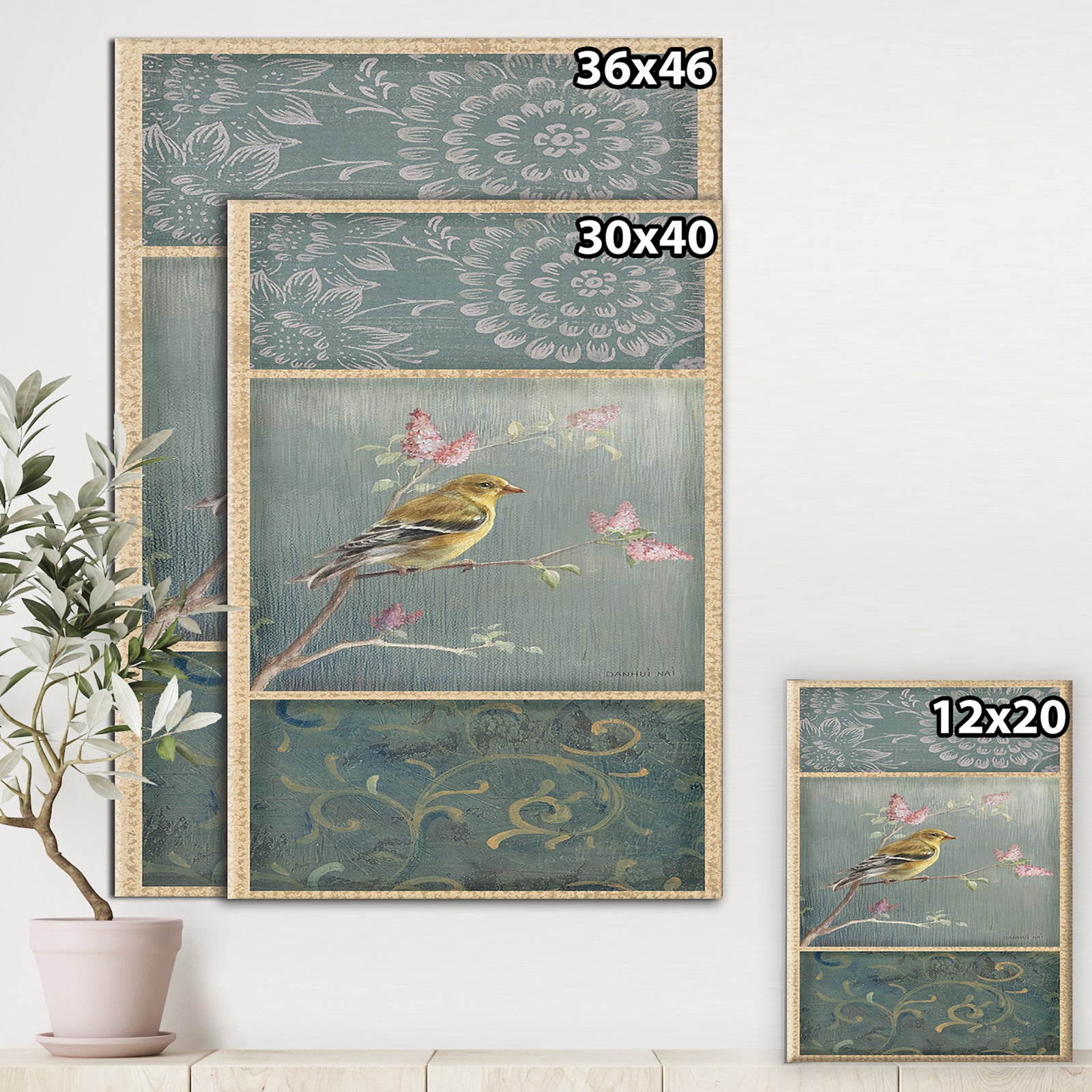 Farmhouse Triptych of Blue Ornaments And Chickadee Goldfinch - Farmhouse Gallery-wrapped Canvas