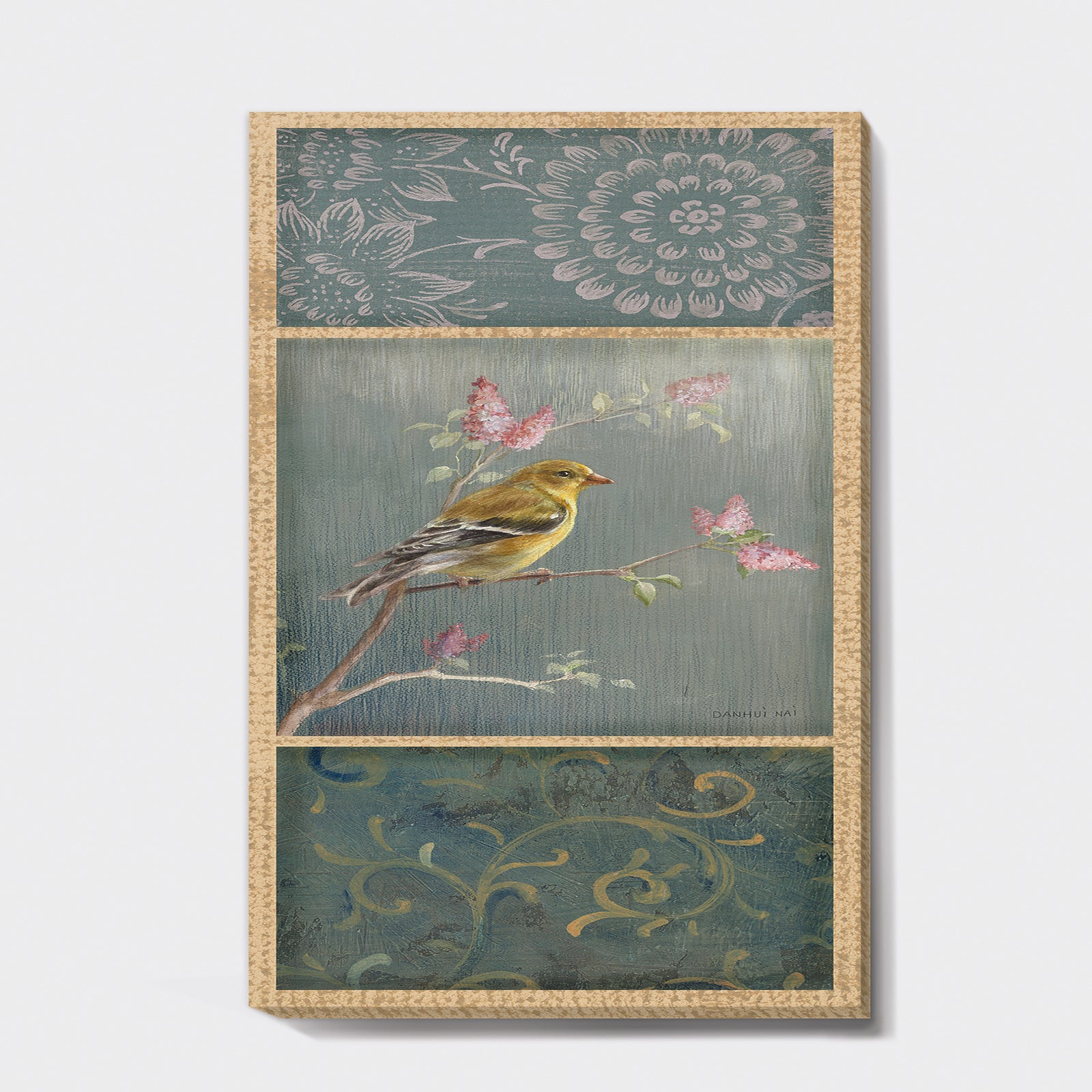 Farmhouse Triptych of Blue Ornaments And Chickadee Goldfinch - Farmhouse Gallery-wrapped Canvas
