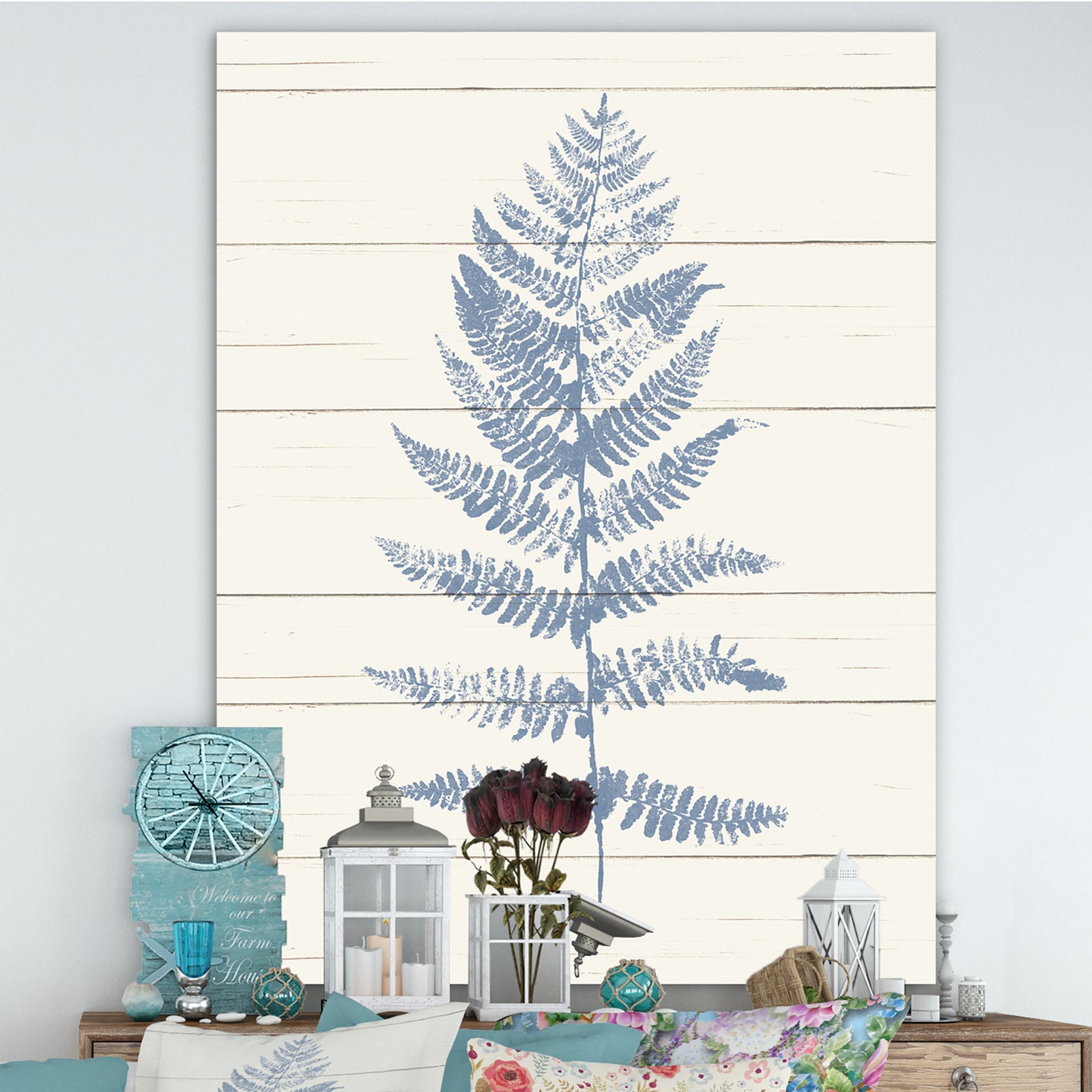 Blue Fern Print on wood II - Cabin & Lodge Canvas Artwork