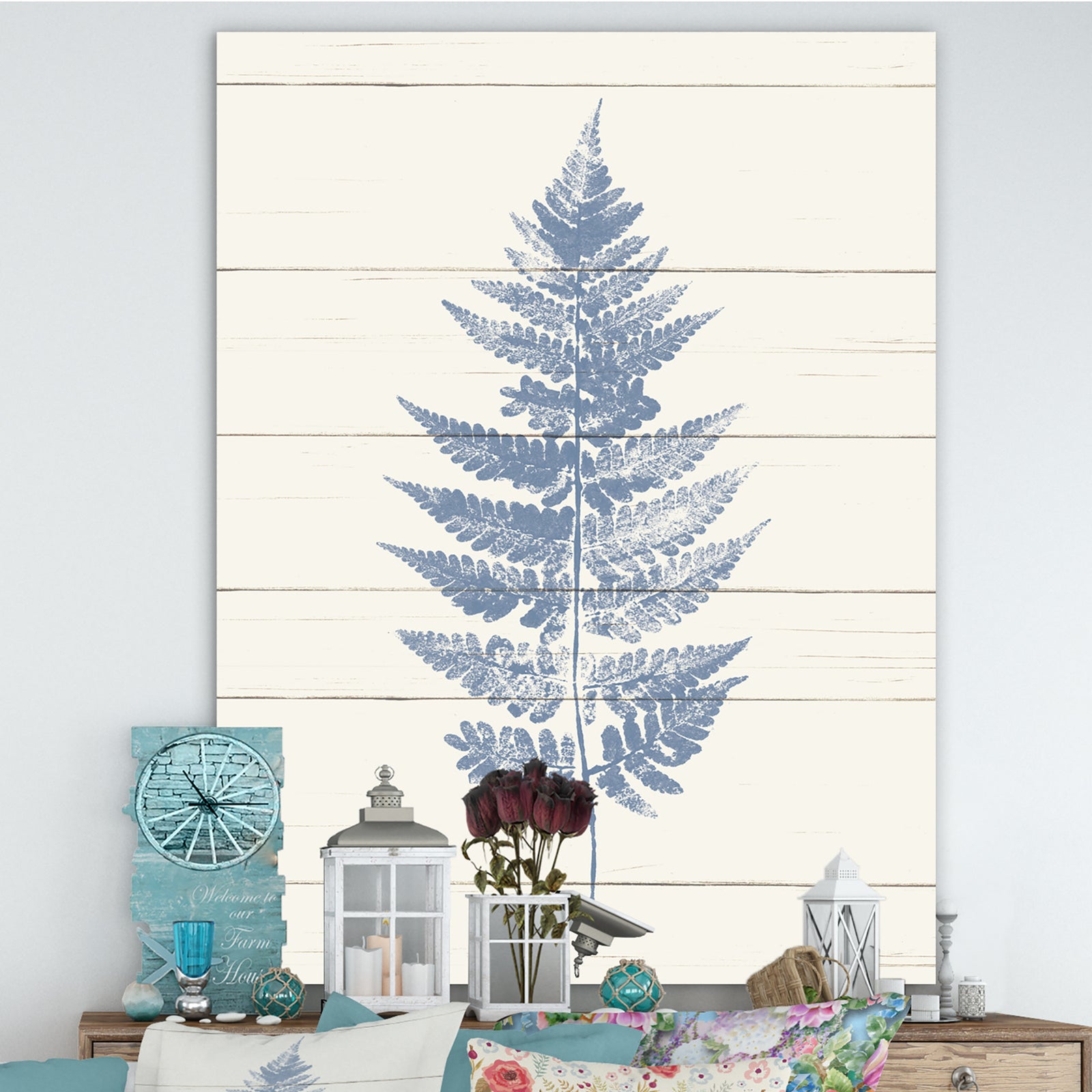 Blue Fern Print on wood I - Cabin & Lodge Canvas Art