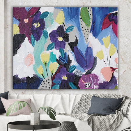 Blue and Purple Flower Composition I - Floral Gallery-wrapped Canvas