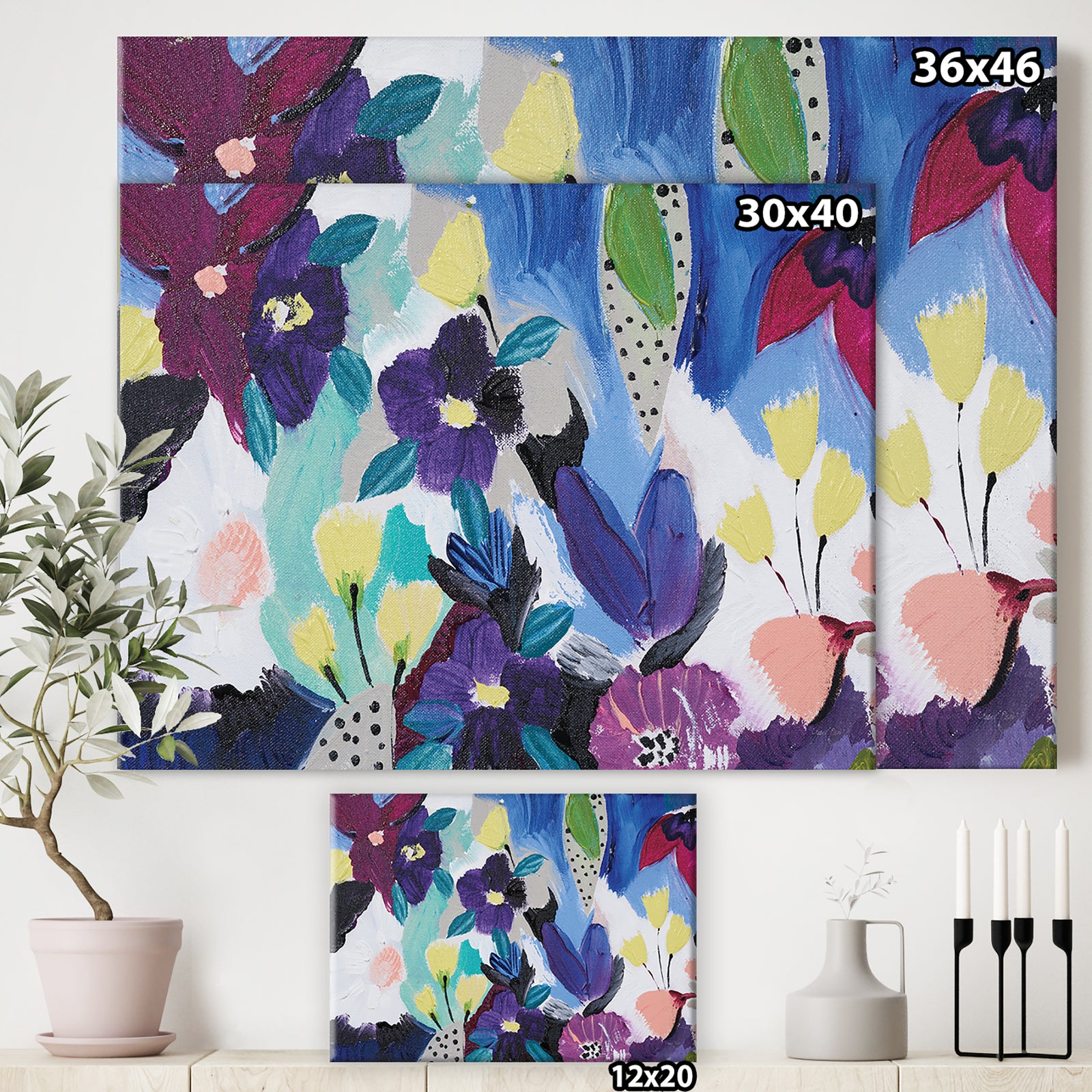 Blue and Purple Flower Composition I - Floral Gallery-wrapped Canvas