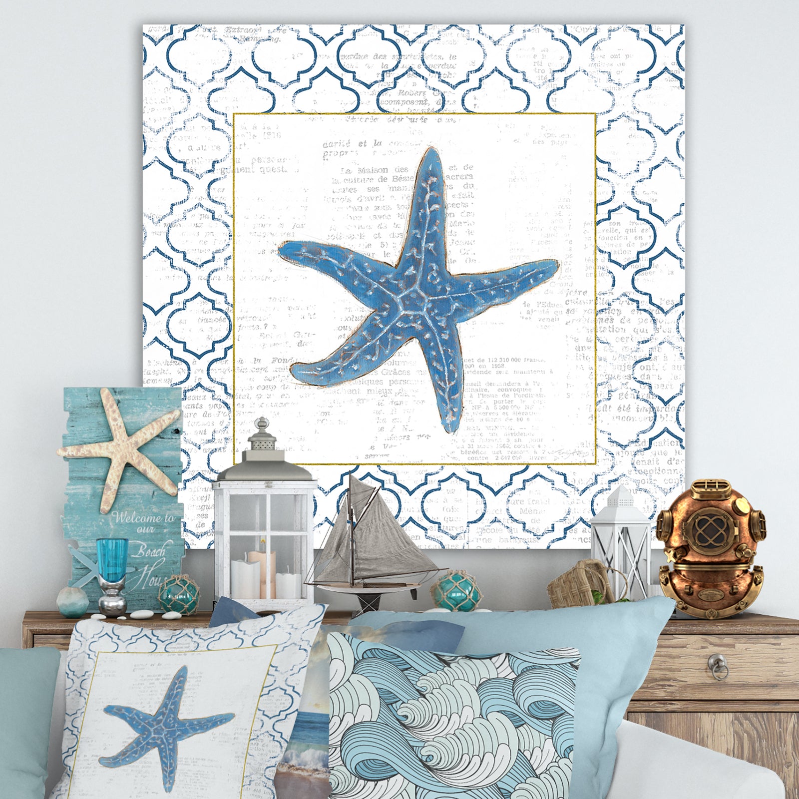 Navy Starfish with Gold - Nautical & Coastal Premium Canvas Wall Art