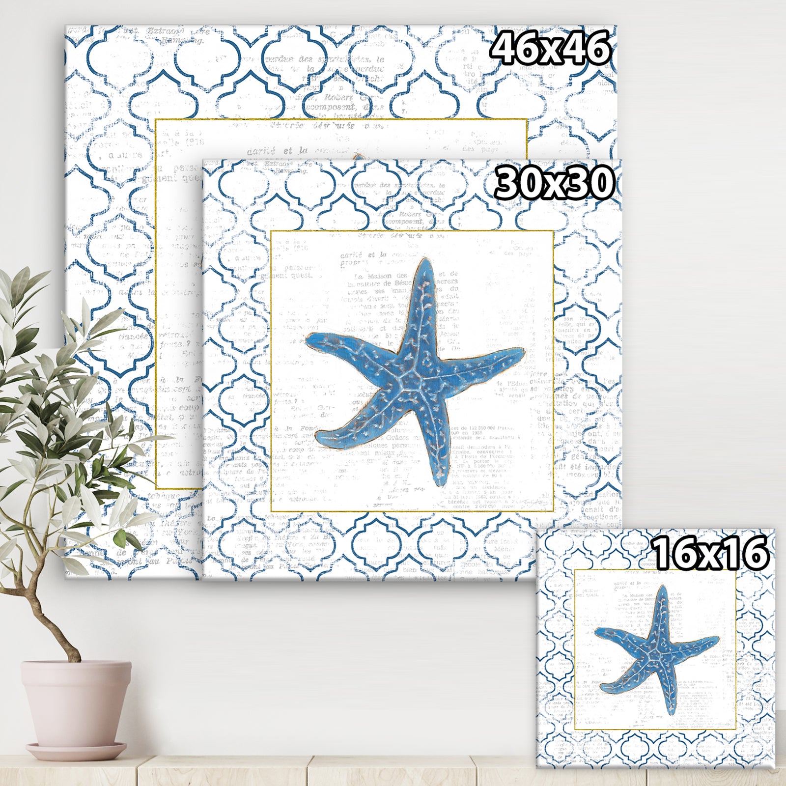 Navy Starfish with Gold - Nautical & Coastal Premium Canvas Wall Art