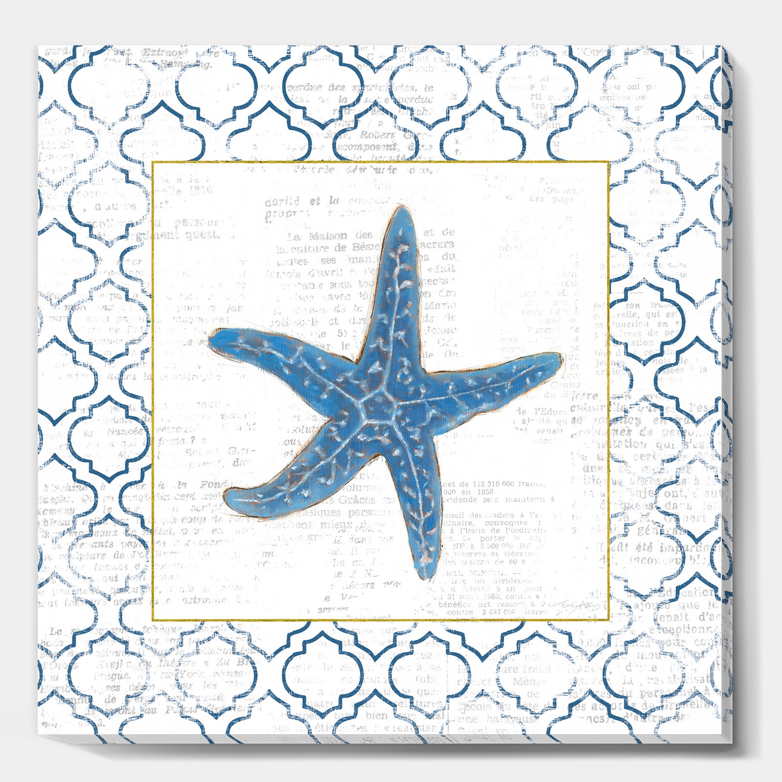 Navy Starfish with Gold - Nautical & Coastal Premium Canvas Wall Art