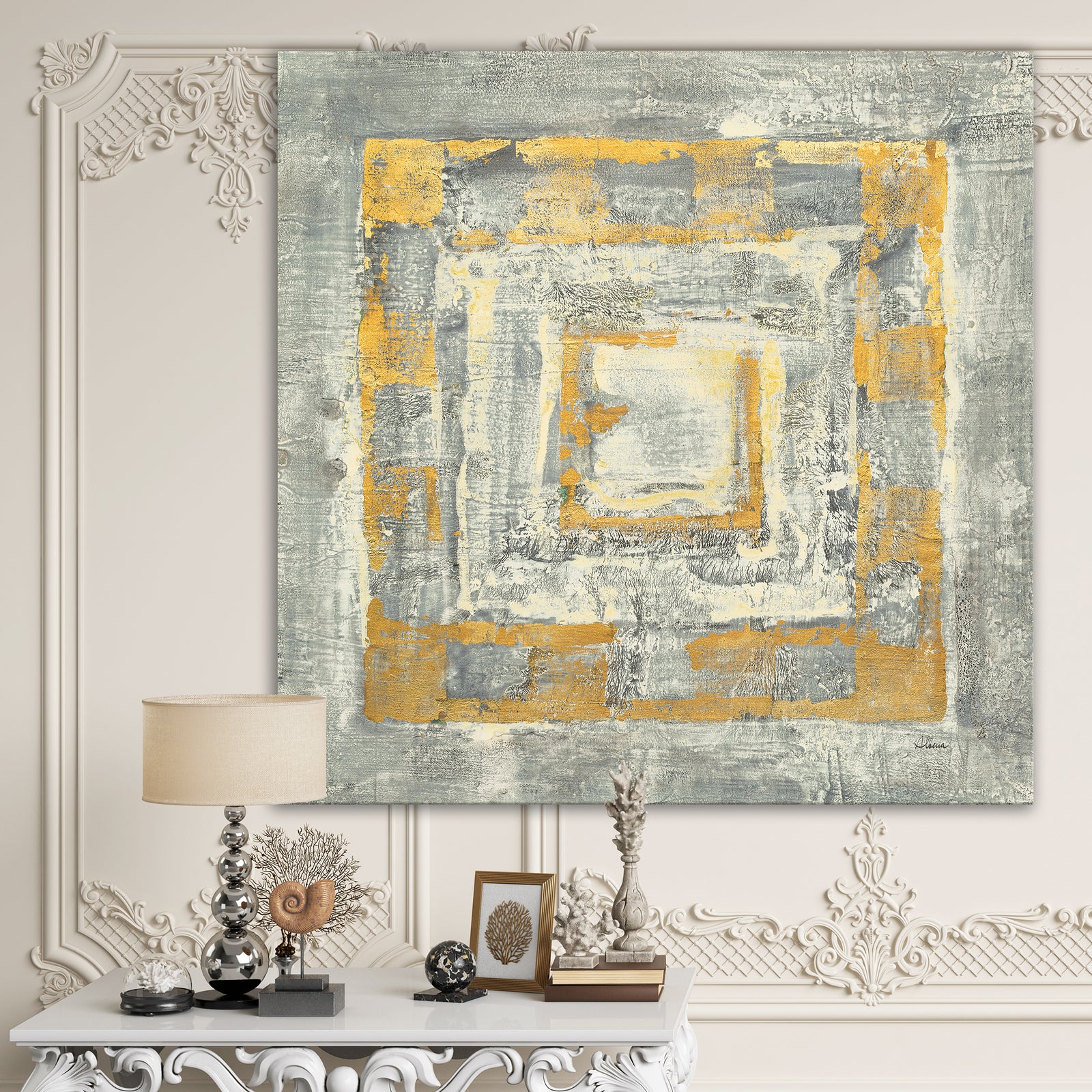 Gold Glam on Grey Tapestry I - Transitional Premium Canvas Wall Art