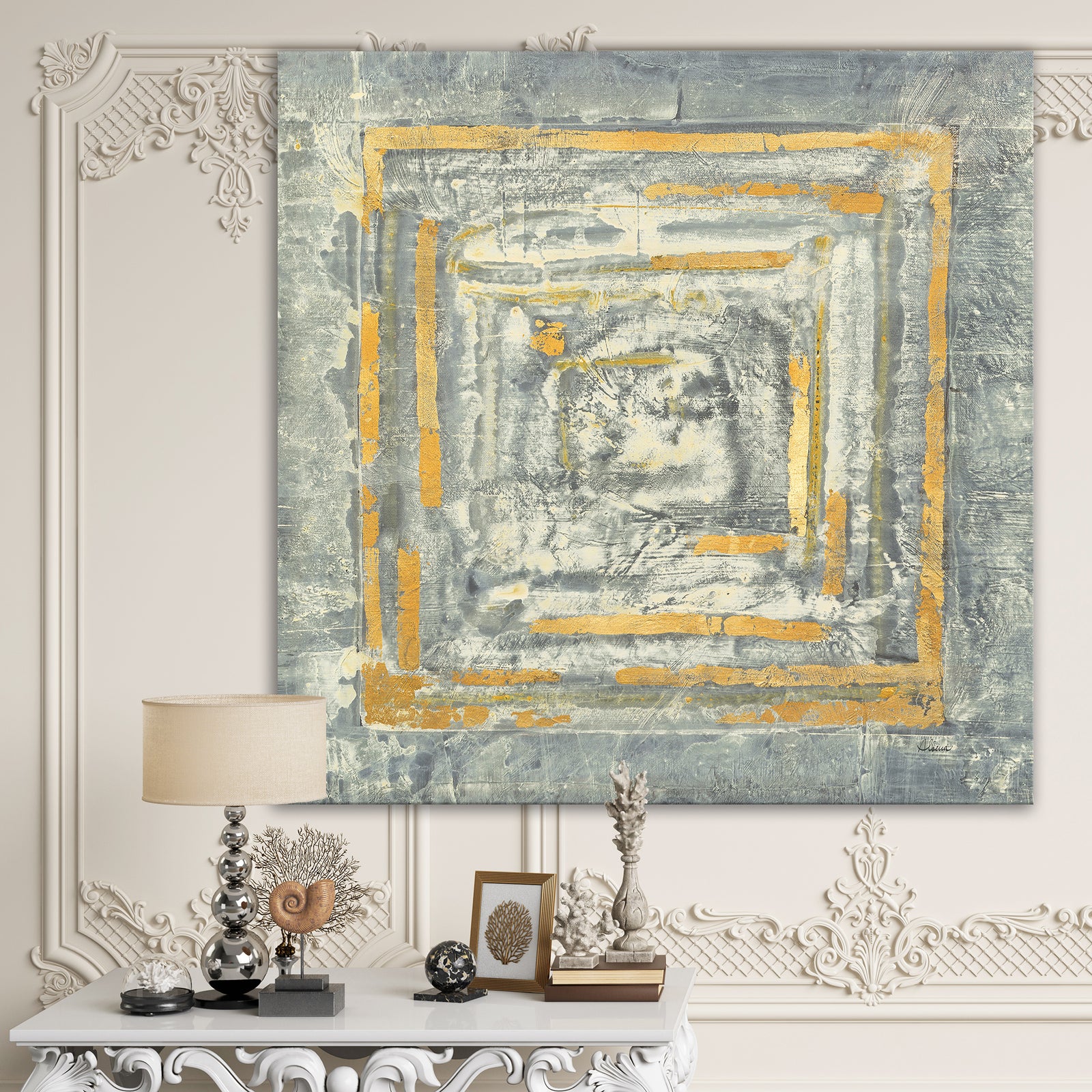 Gold Glam on Grey Tapestry II - Transitional Gallery-wrapped Canvas