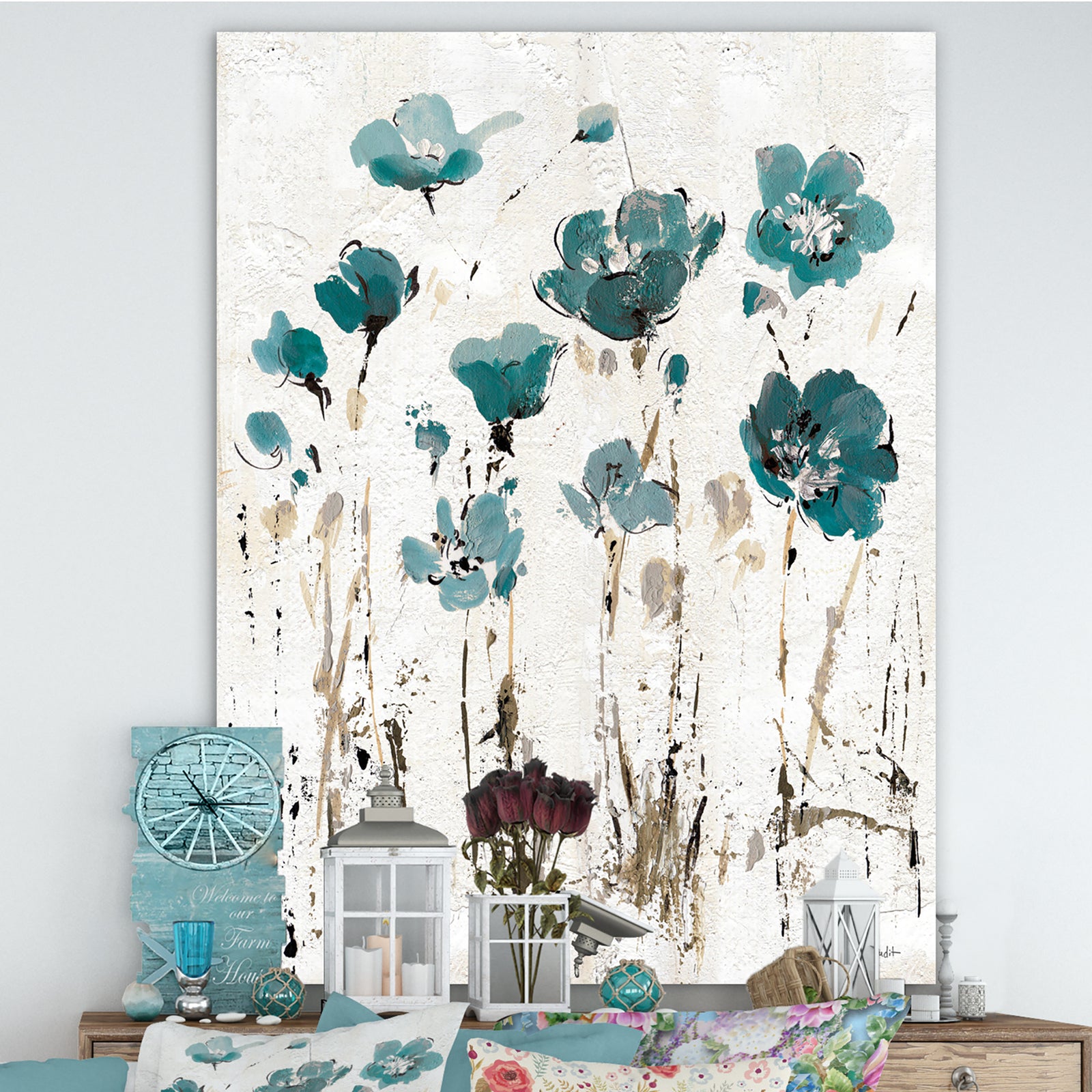 Fields of Turquoise Watercolor Flower I - Traditional Premium Canvas Wall Art