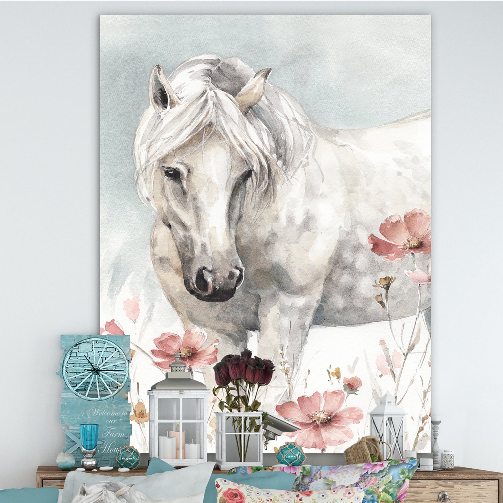 watercolors Pink Wild Horses I - Farmhouse Canvas Art