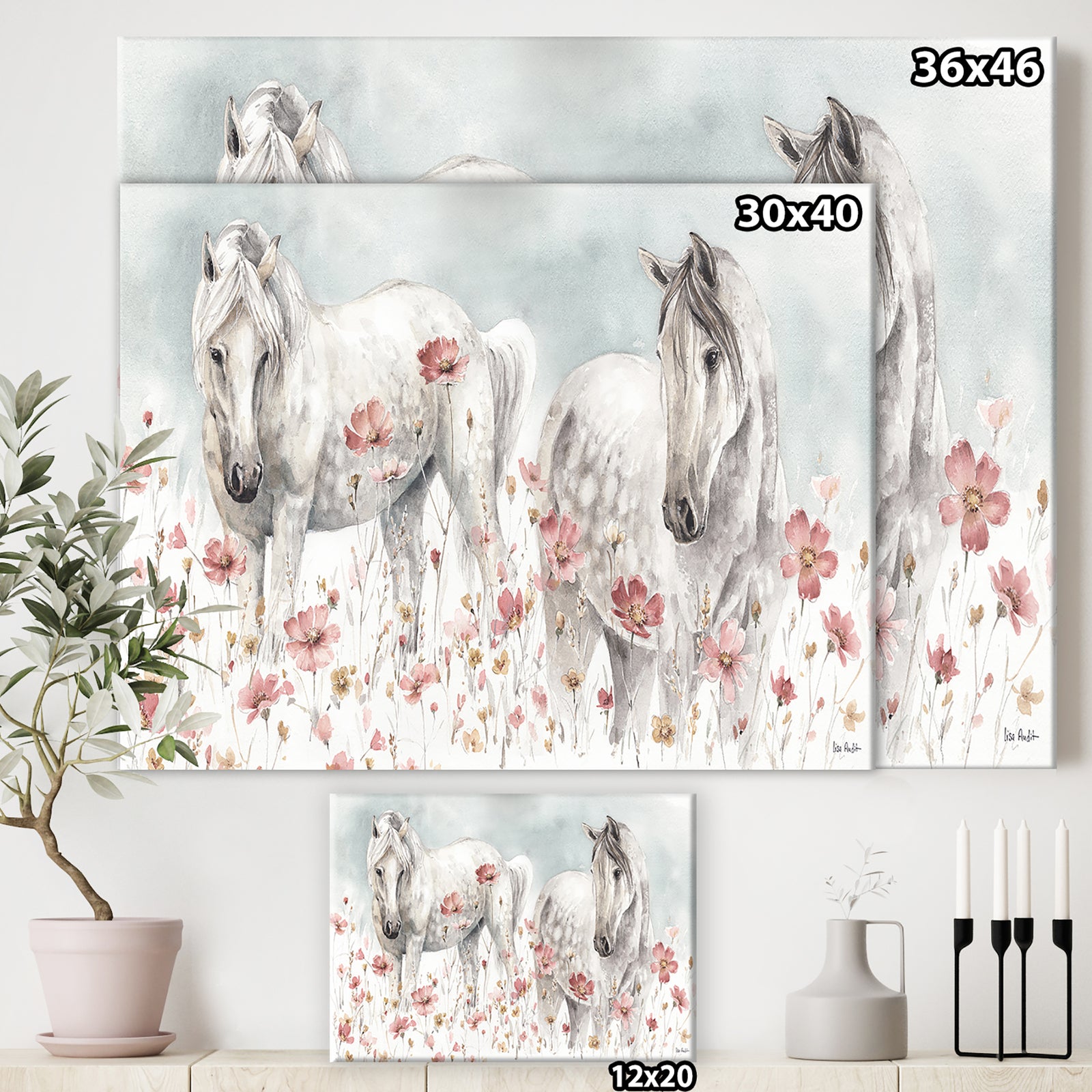 watercolors Pink Wild Horses - Farmhouse Premium Canvas Wall Art