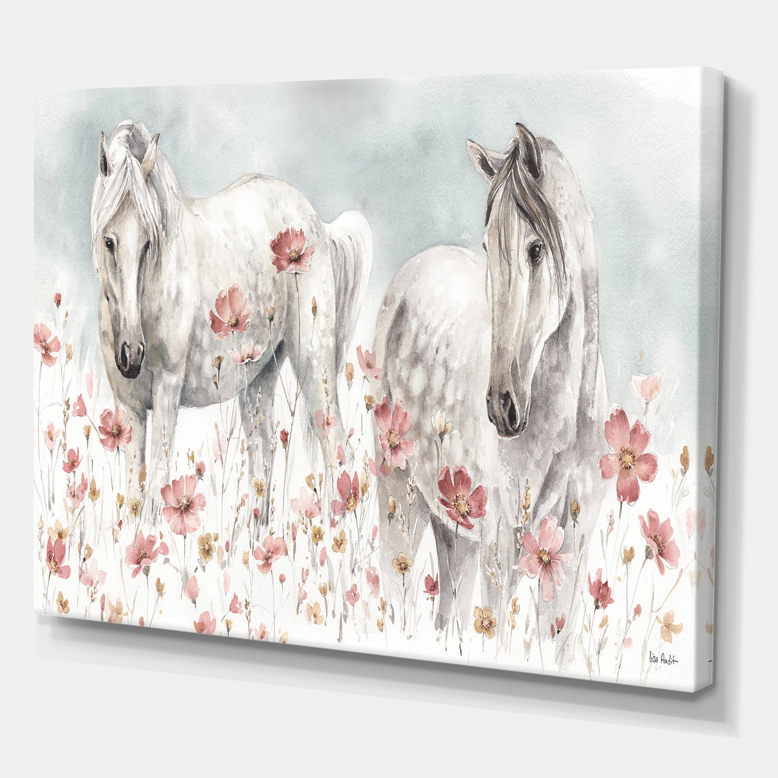 watercolors Pink Wild Horses - Farmhouse Premium Canvas Wall Art