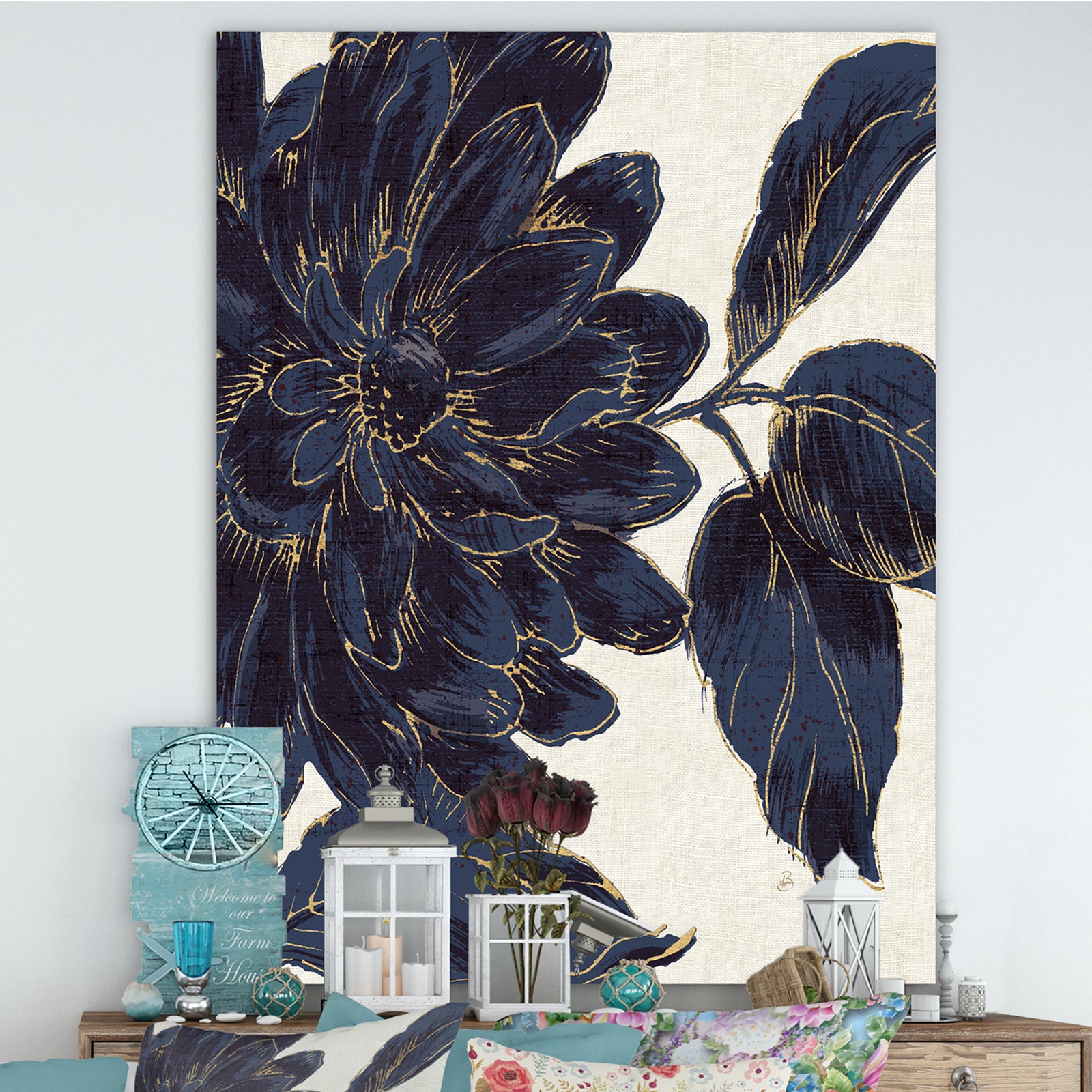 Indigo Gold Metallic Flower - Canvas Art