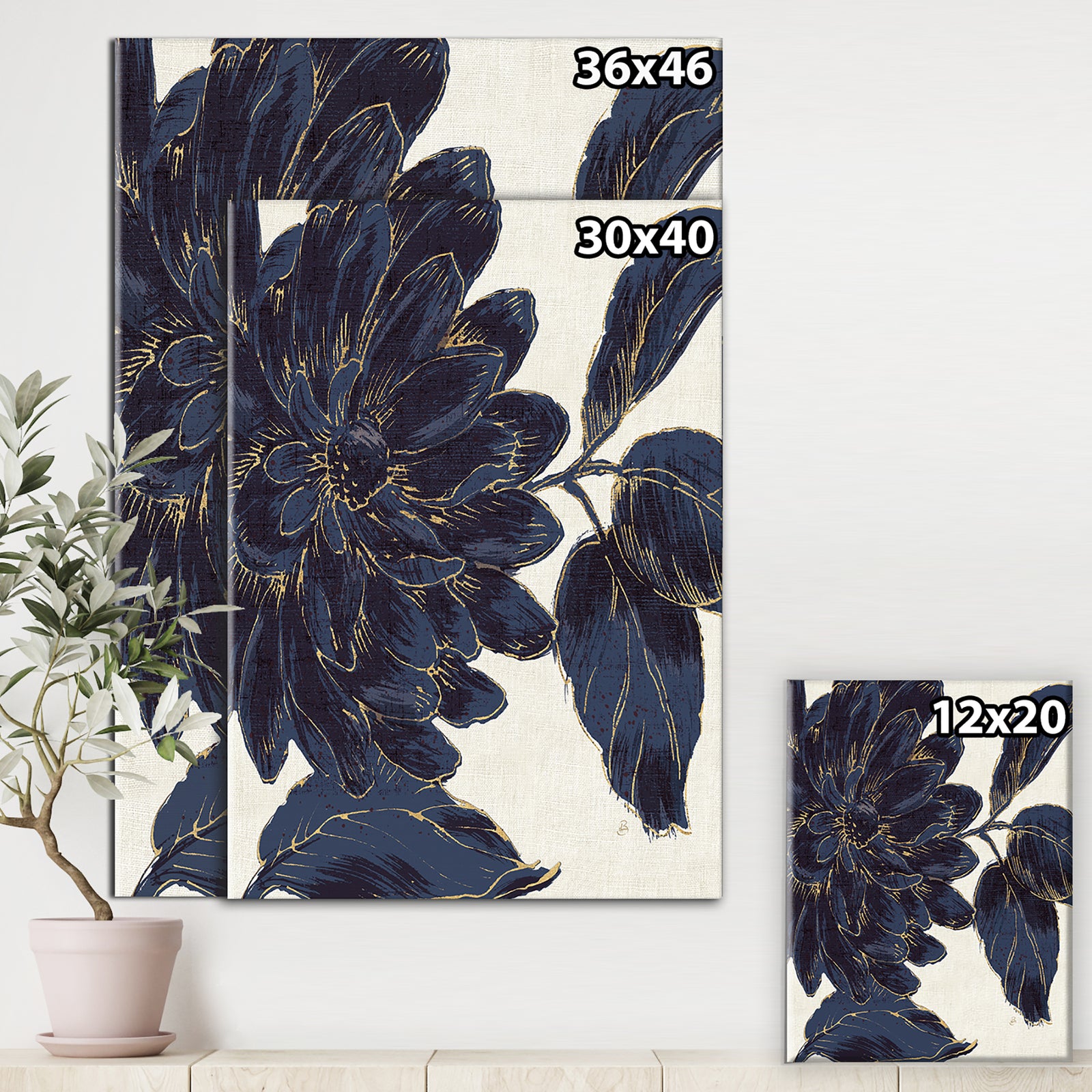 Indigo Gold Metallic Flower - Canvas Art