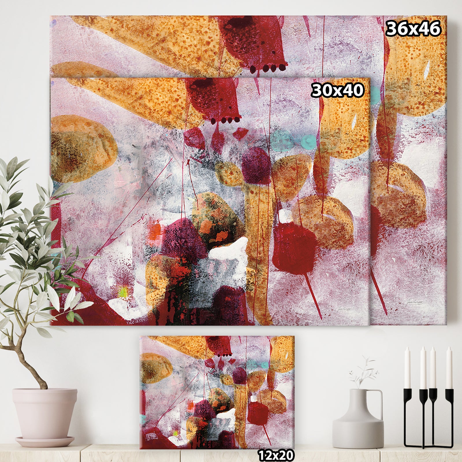 Abstract Watercolor with Red and Yellow - Contemporary Canvas Artwork
