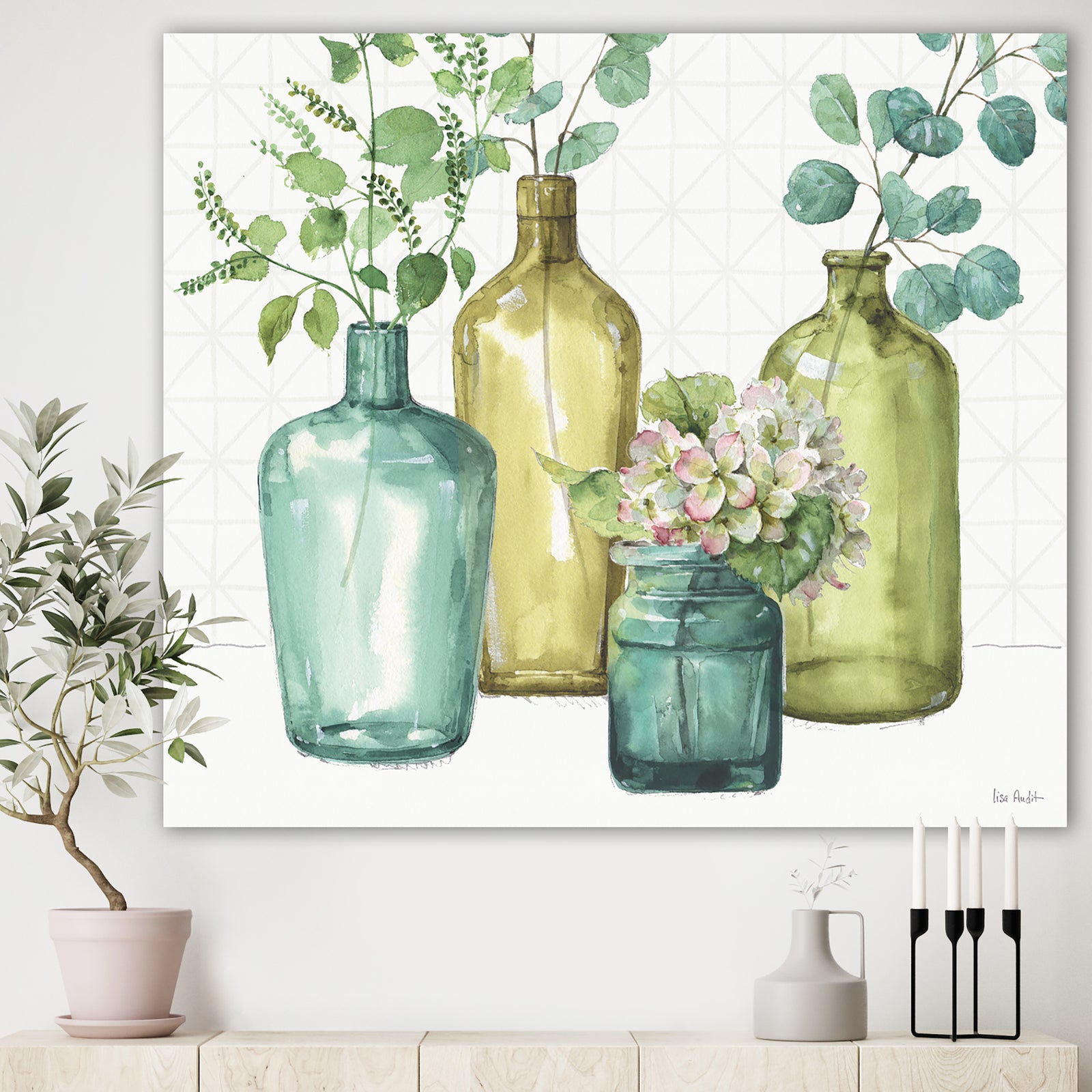 Mixed Botanical Green Leaves VIII - Cottage Canvas Artwork