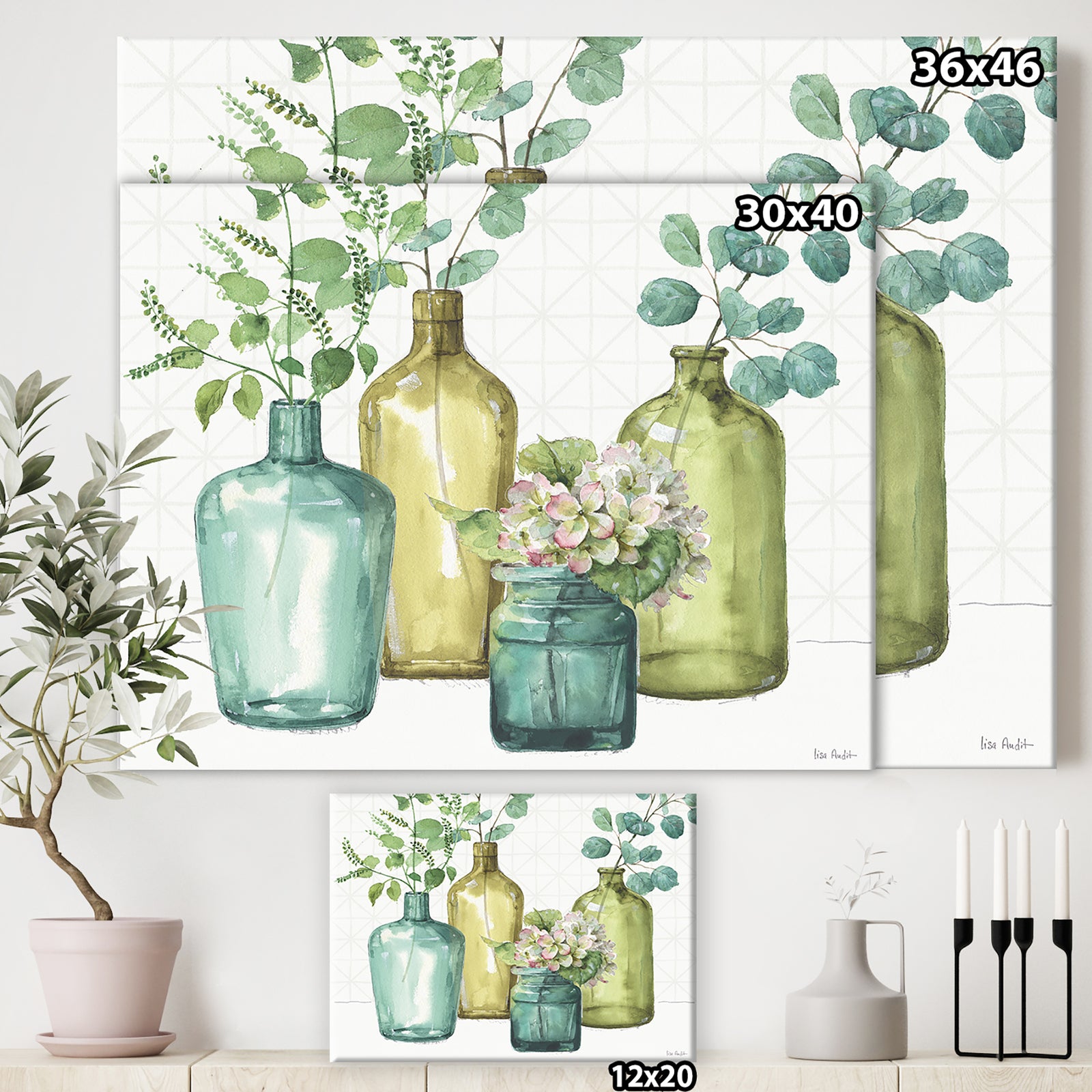 Mixed Botanical Green Leaves VIII - Cottage Canvas Artwork