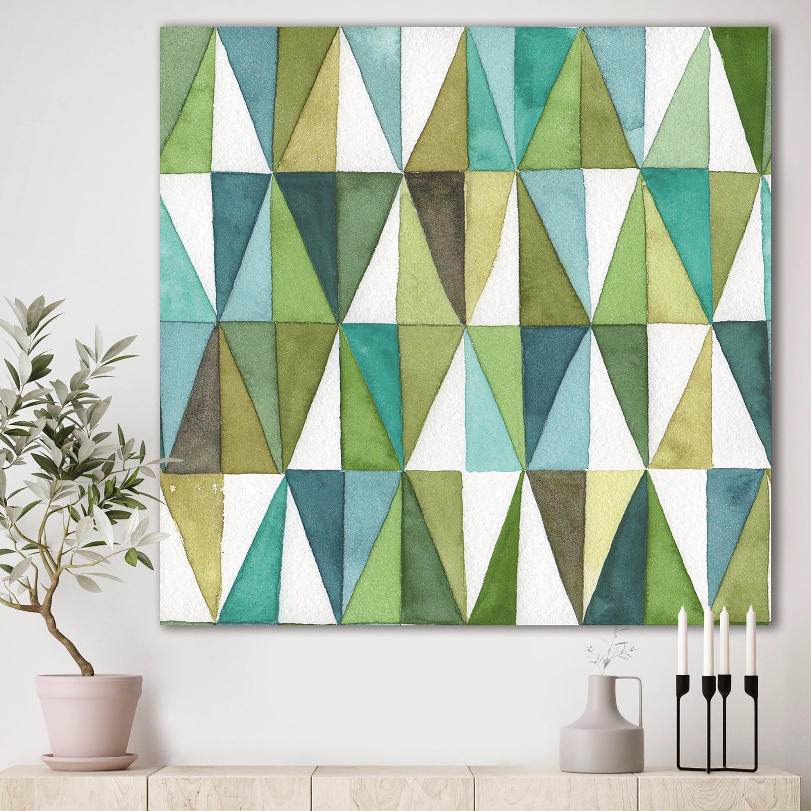 geometric Green Triangle III - Mid-Century Modern Transitional Canvas Art
