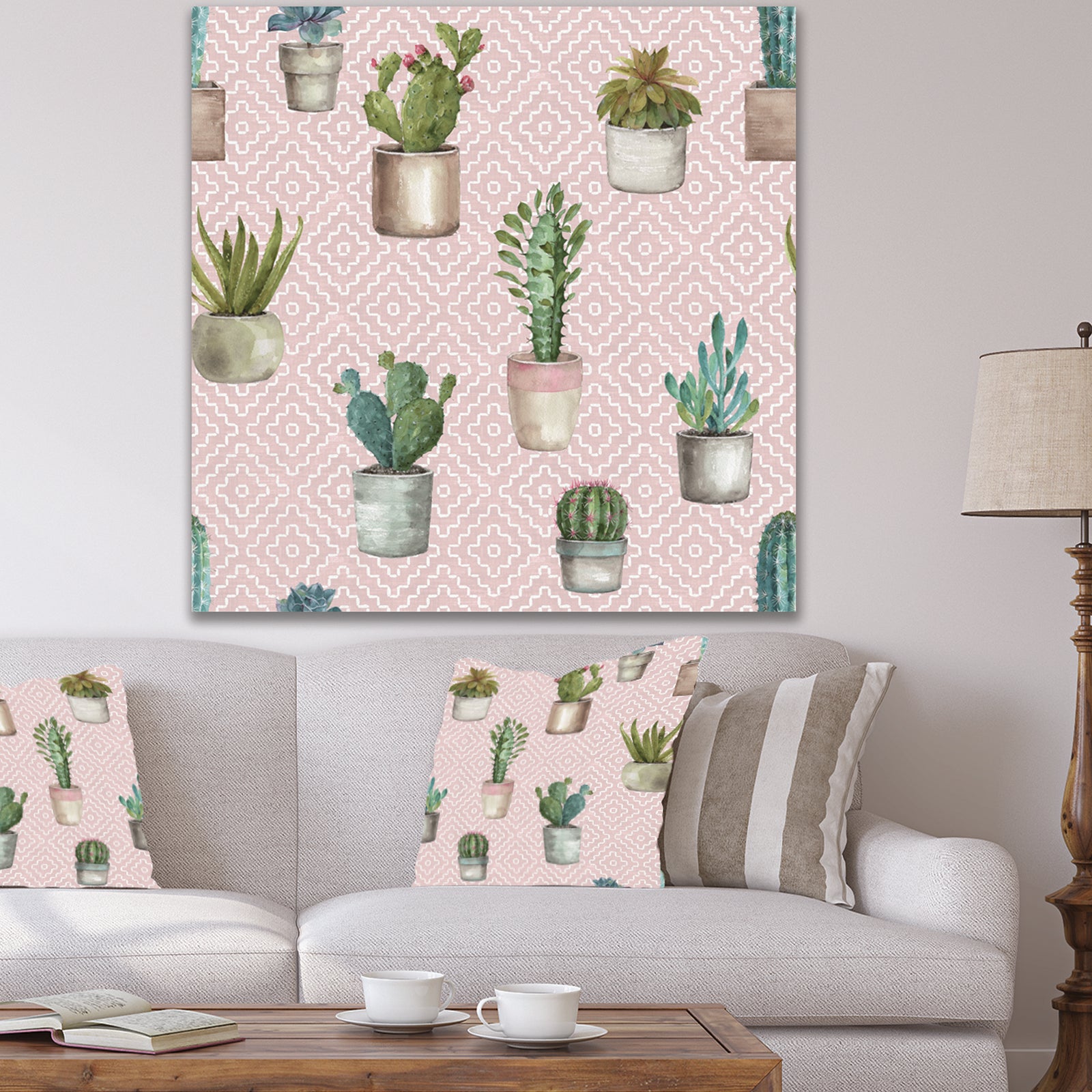 Potted Cactus on Pink Geometrical Pattern - Cottage Premium Canvas Wall Art