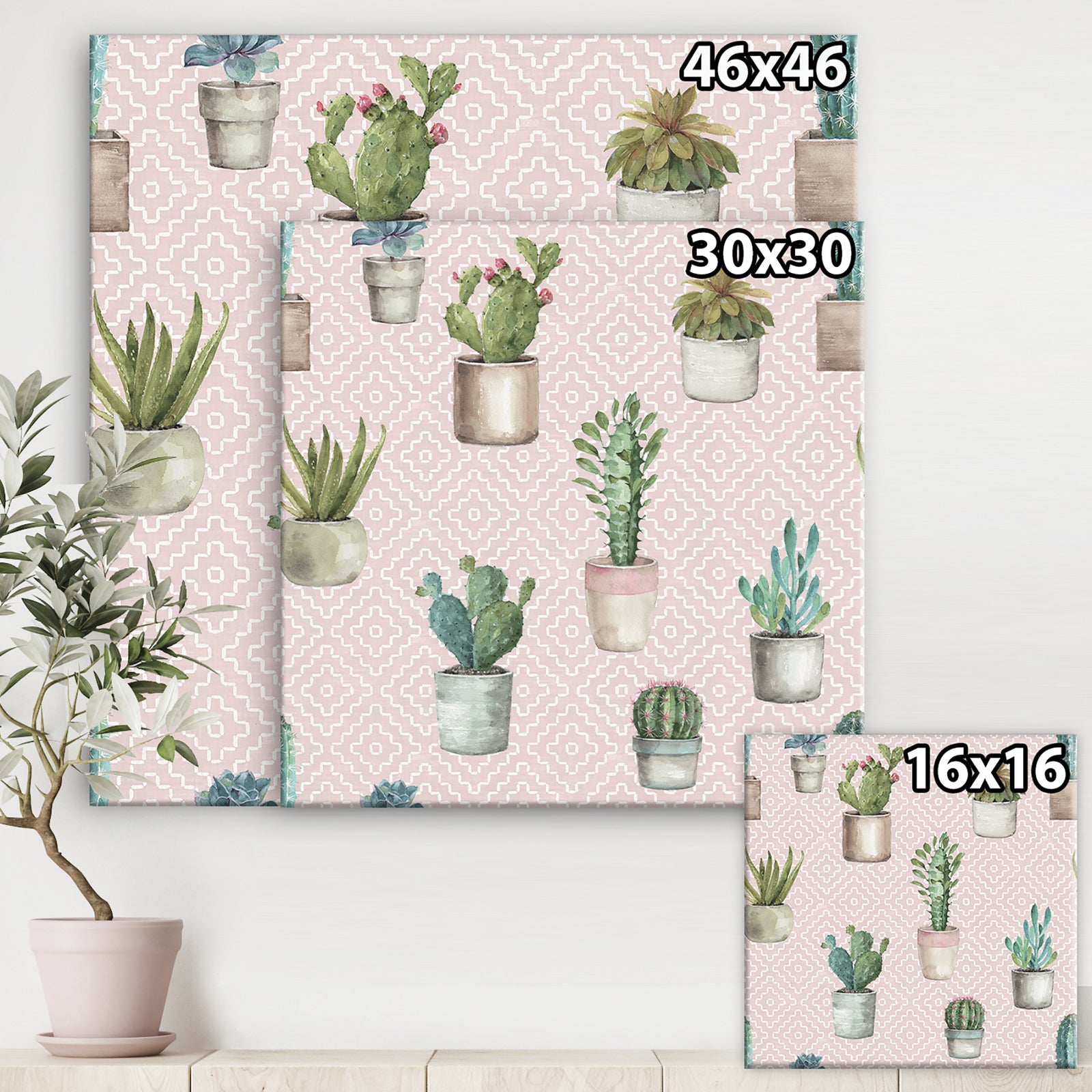 Potted Cactus on Pink Geometrical Pattern - Cottage Premium Canvas Wall Art