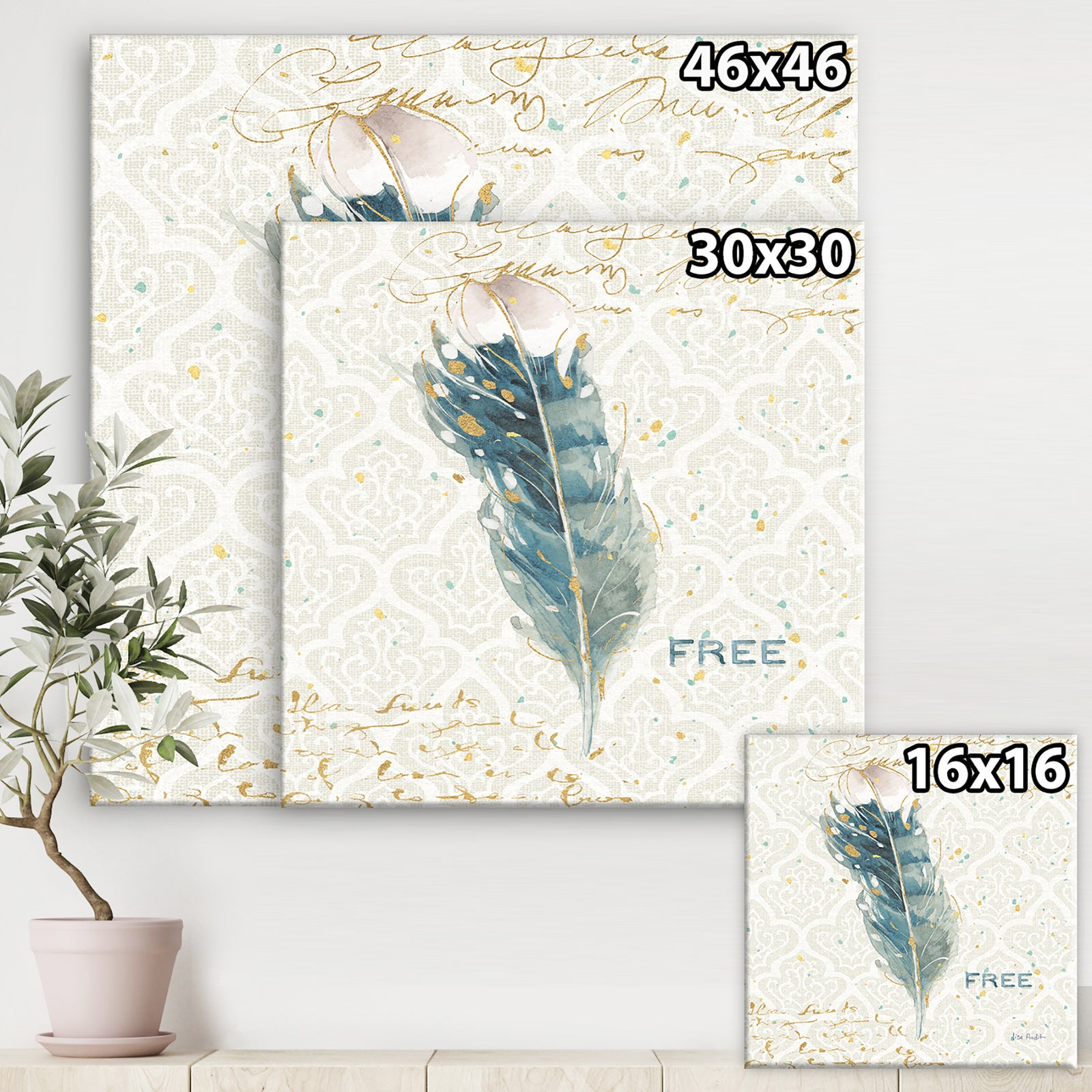 Damask Painted Gilded Feather on Blue - Nautical & Coastal Canvas Art