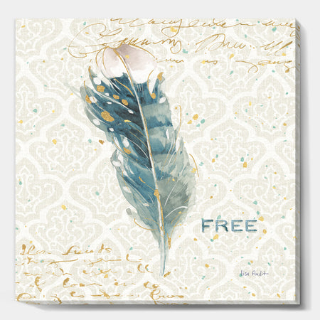Damask Painted Gilded Feather on Blue - Nautical & Coastal Canvas Art