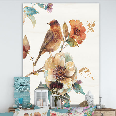 Farmhouse Bird on Flower Branch - Traditional Premium Canvas Wall Art