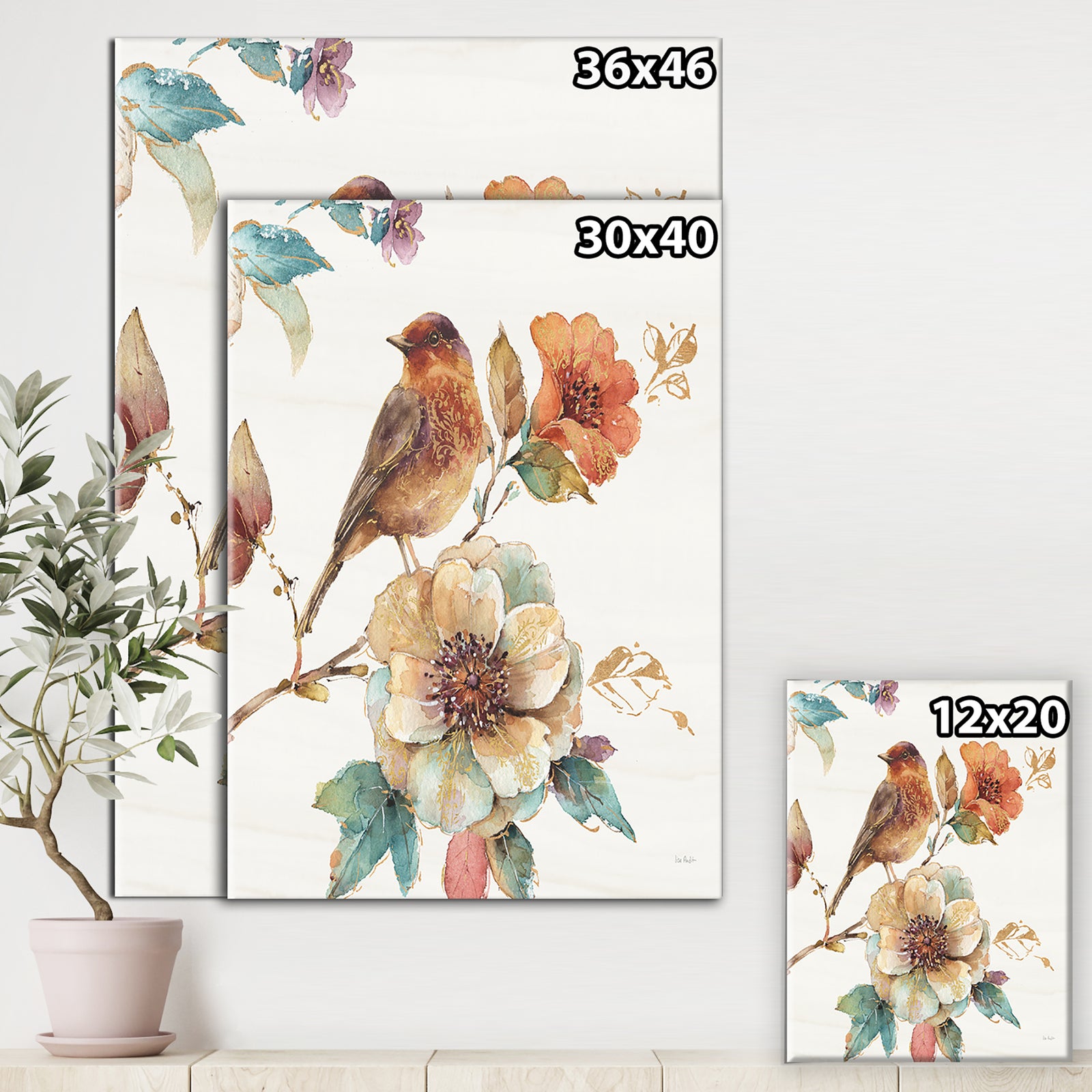 Farmhouse Bird on Flower Branch - Traditional Premium Canvas Wall Art