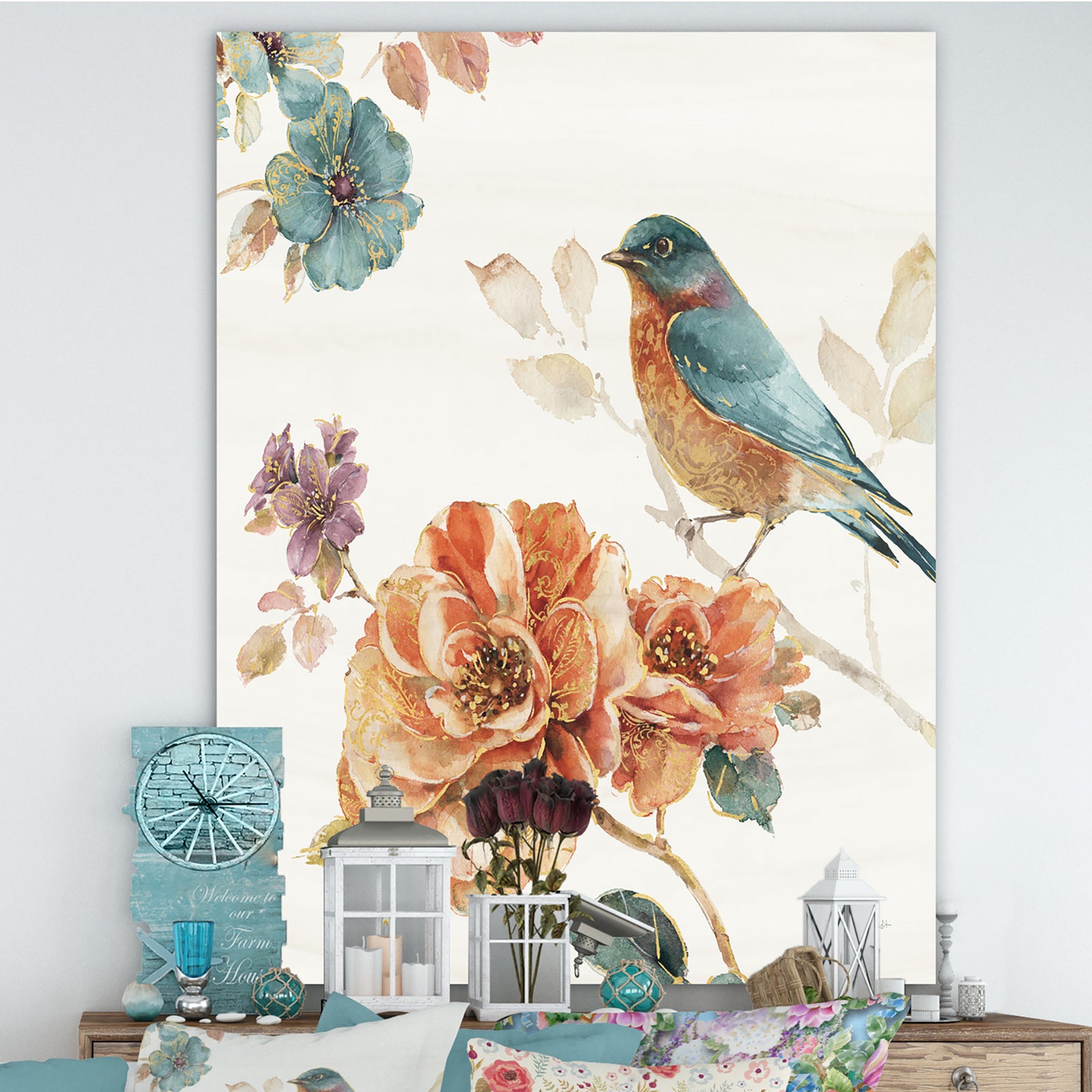 Cottage Bird on Orange Flower Twig - Traditional Gallery-wrapped Canvas