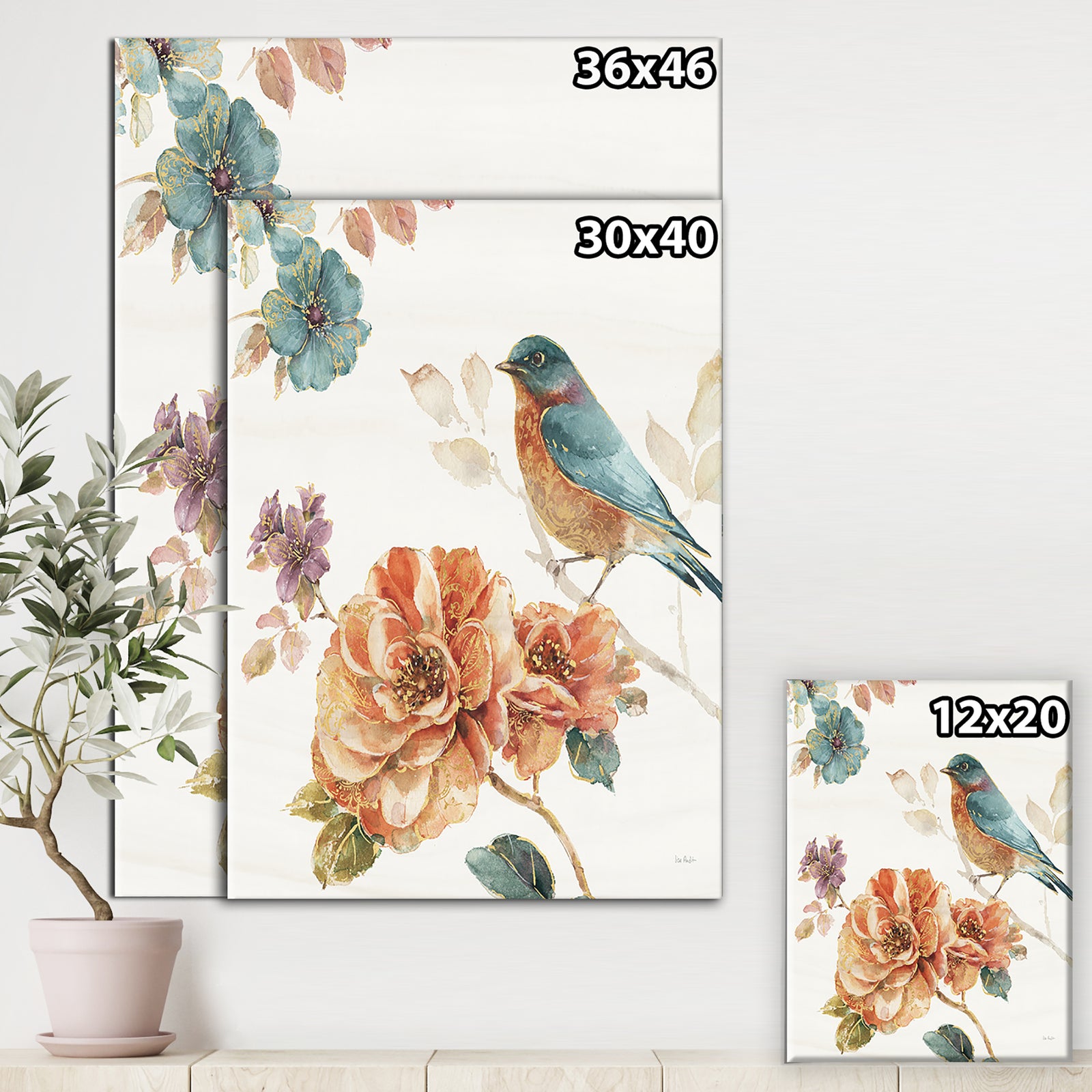 Cottage Bird on Orange Flower Twig - Traditional Gallery-wrapped Canvas